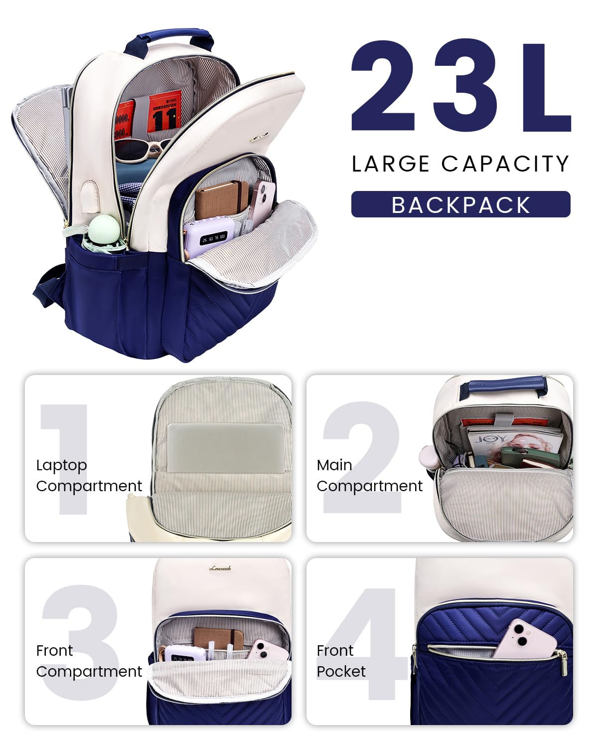 LOVEVOOK Women's 15.6 Inch Laptop Backpack - Stylish Travel & Work Bag, Aesthetic University & Nurse Backpack, College & Sport Daypack, Deep Blue-Beige, Perfect for Commuting, Campus & Business Trips