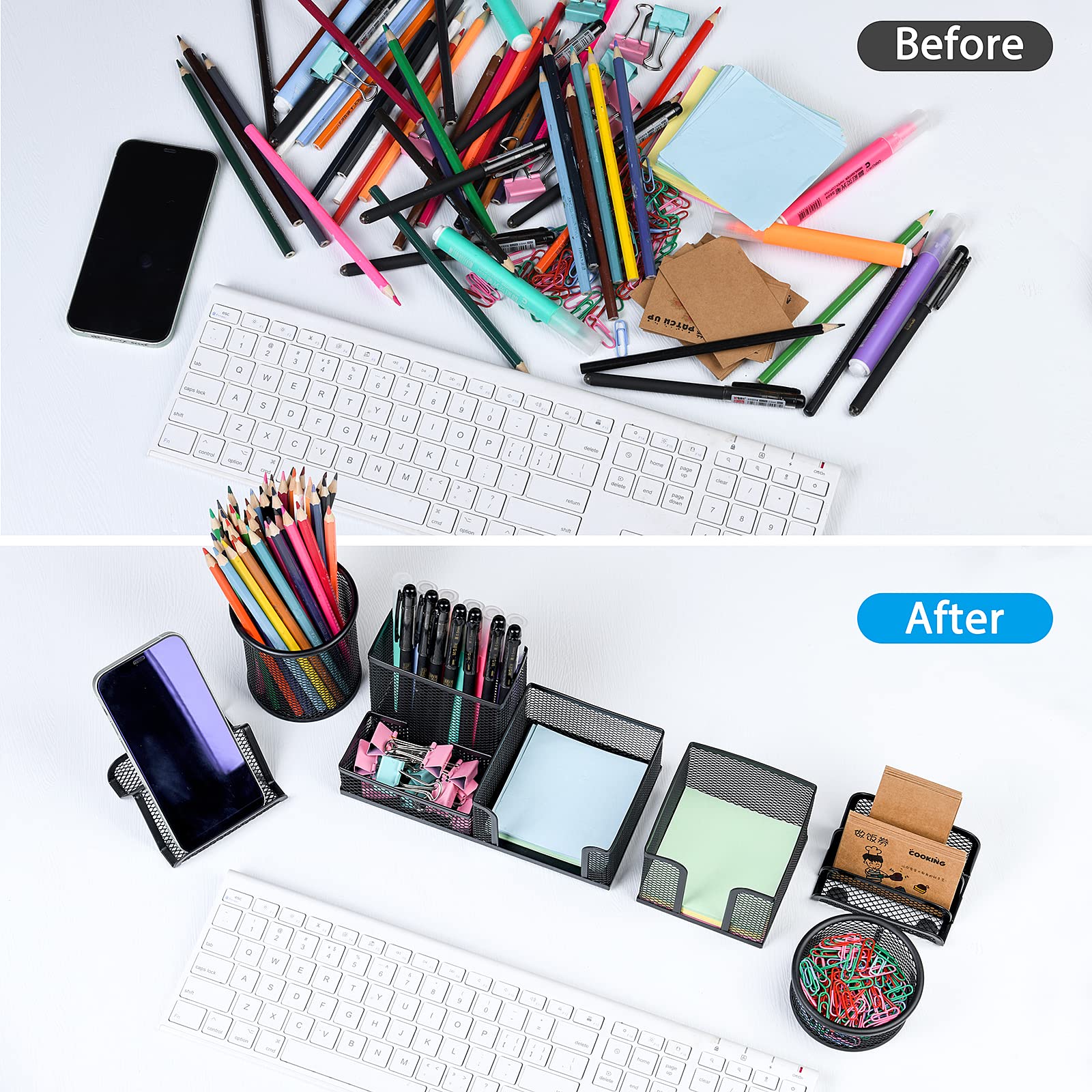6-Piece Mesh Desk Organizer Set with 3 Compartments - Pen Holder, Mail Organizer & Letter Tray for Home Office Supplies - Black Desktop Storage Baskets (Perfect for Organizing Stationery, Documents & Office Accessories)