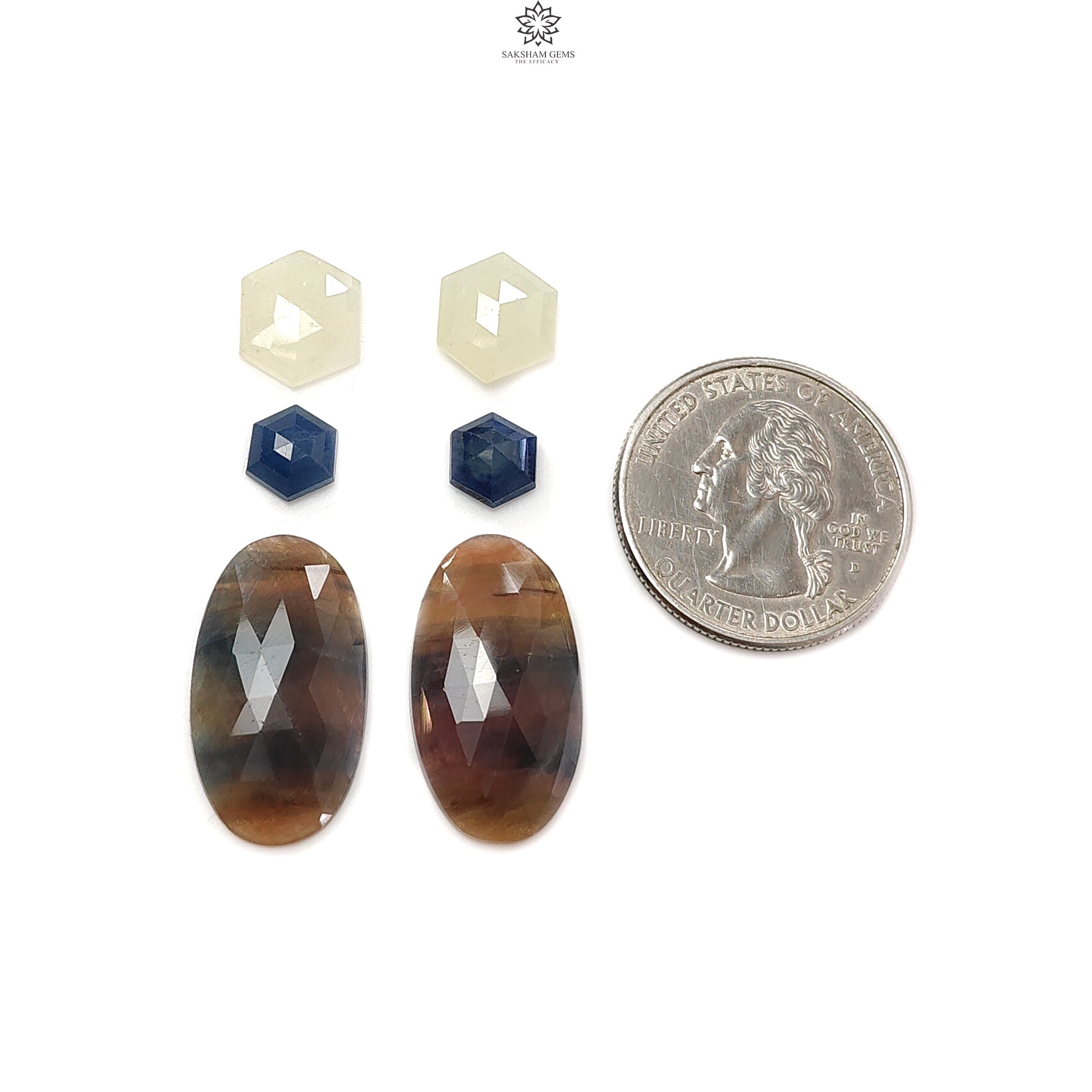 Natural Untreated Multi Sapphire Gemstone Rose Cut Slices - 6pcs Faceted Hexagon & Oval Shape Set for Jewelry Making, DIY Rings, Necklaces & Earrings - Perfect for Birthstone Gifts & Boho Fashion Accessories