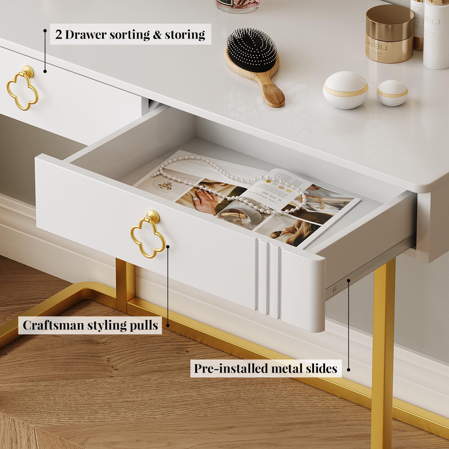 White Vanity Desk with 2 Drawers - Gold & White Modern Makeup Table, Home Office Desk, Entryway Console & Sofa Table with Deluxe Legs - Perfect for Bedroom, Living Room & Dressing Area