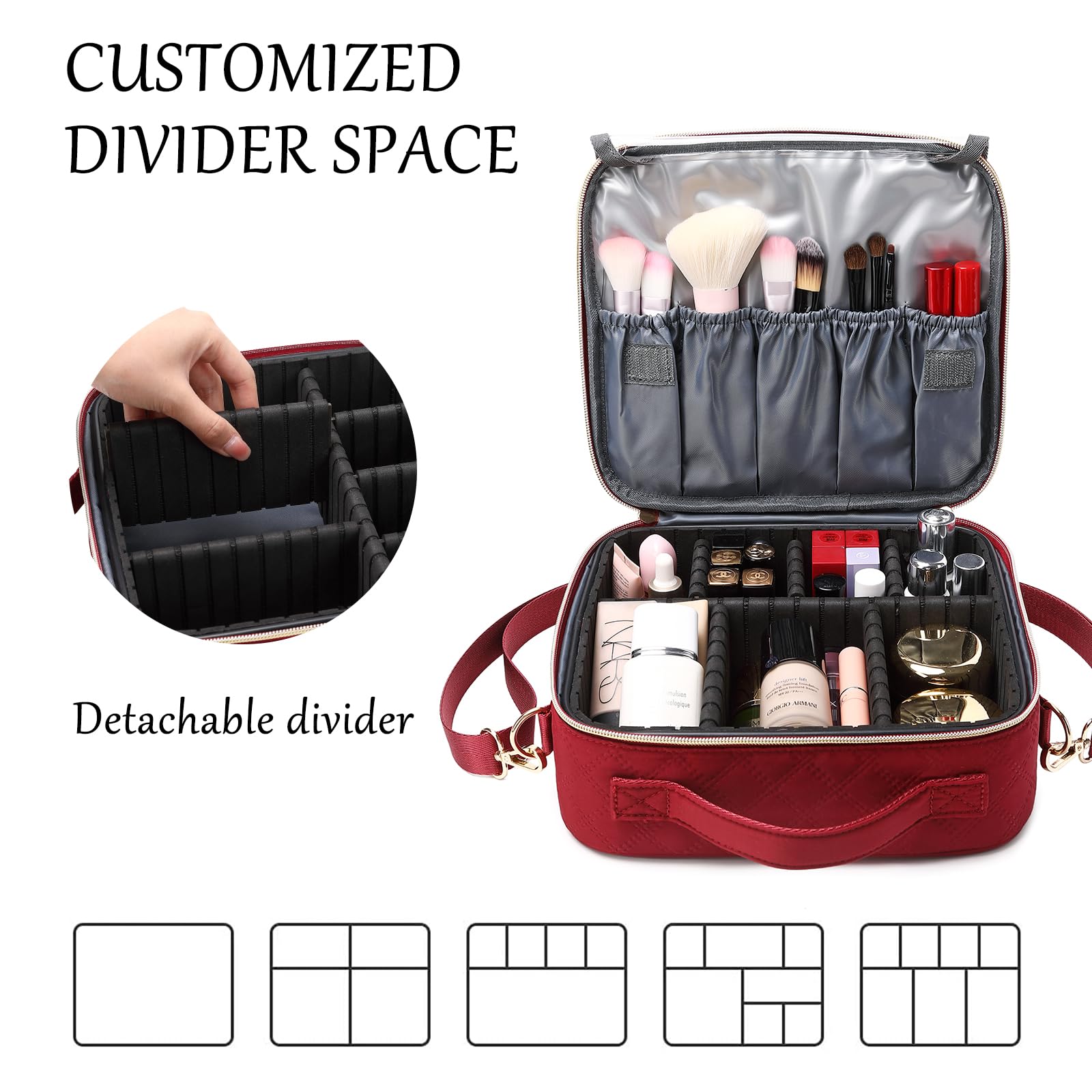 Travel Makeup Bag - Large Cosmetic Organizer Pouch for Women with Brush Holder | Perfect for Skincare, Makeup Accessories & On-the-Go Beauty Essentials | Red