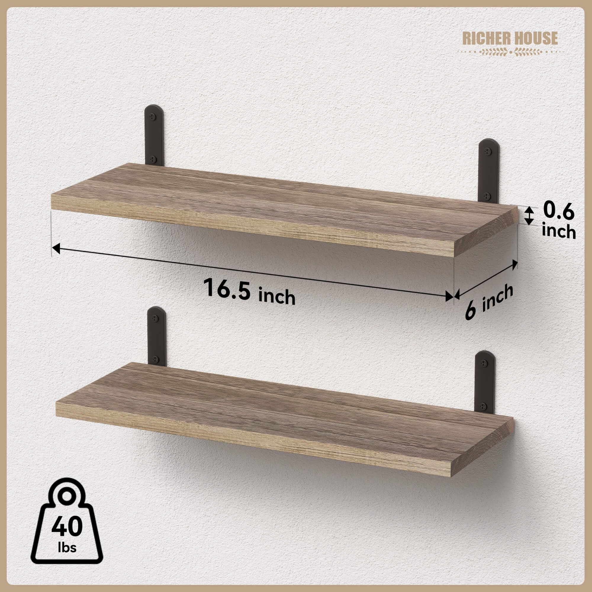 RICHER HOUSE Set of 2 Rustic Wood Floating Shelves - Farmhouse Style Wall Decor, Carbonized Black - Perfect for Bathroom, Bedroom, Kitchen, Living Room Storage & Organization | Wall Mounted Shelves for Home Décor & Display