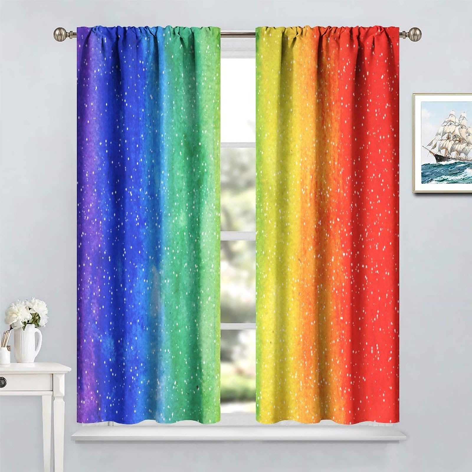 Vibrant Striped Kitchen Curtains Set - Rainbow Window Drapes & Valances - Modern Abstract Art Design - 55x63 Inch - Perfect for Farmhouse, Apartment & Cozy Kitchen Decor