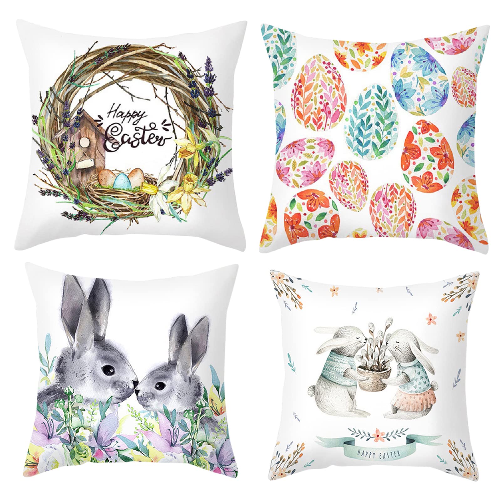 Easter Pillow Covers 18x18 Inch Set of 4 - Spring Floral Printed Linen Cushion Cases for Sofa, Bed, Decor - Easter Home Decor, Living Room Accent Pillows, Holiday Throw Pillow Covers