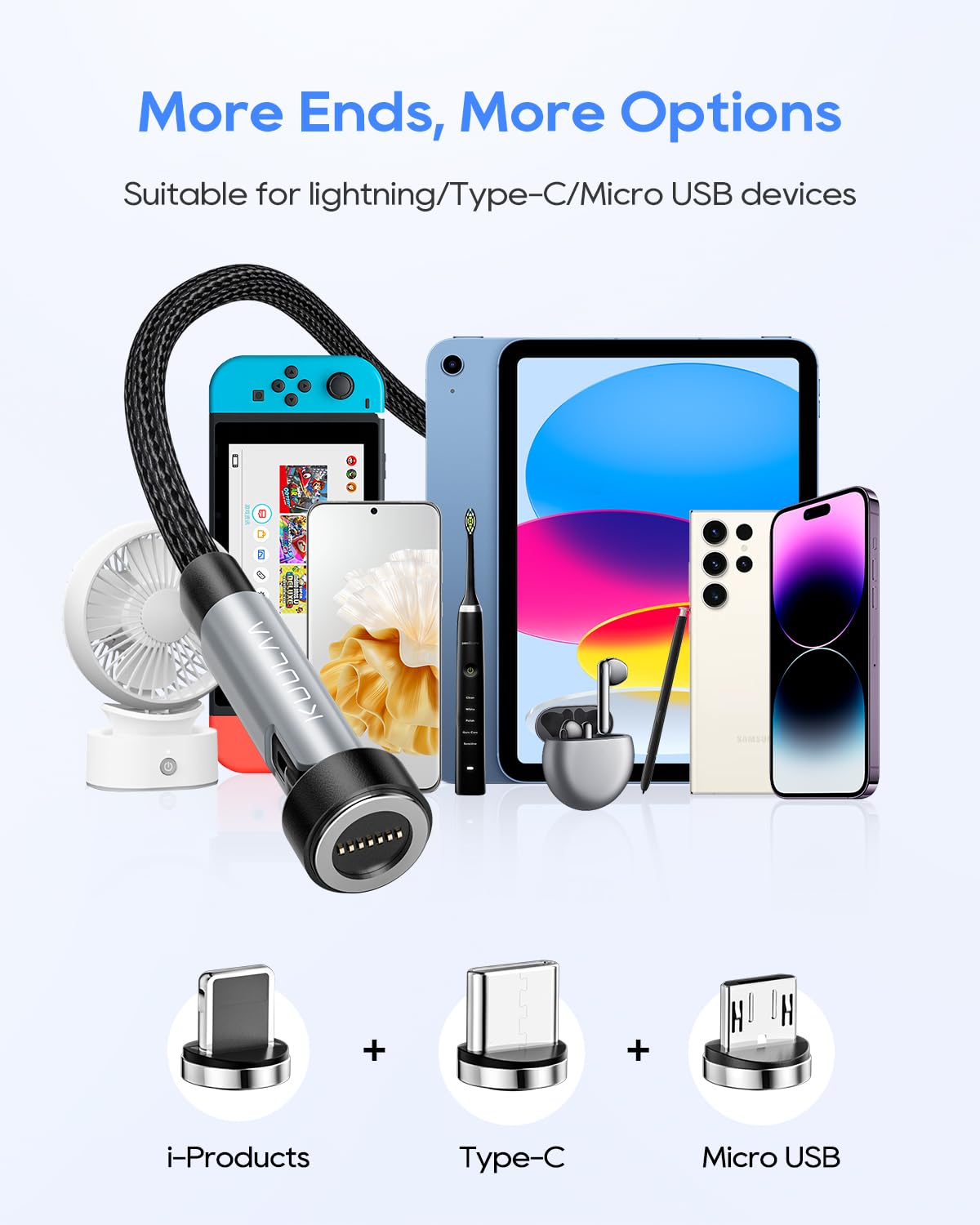 Kuulaa 6-in-1 Magnetic Charging Cable 1M - Fast Charging USB C/Micro USB/i-Product Compatible - 540° Rotating & Nylon Braided for Smartphones, Tablets, Laptops - Perfect for Home, Office & Travel Charging