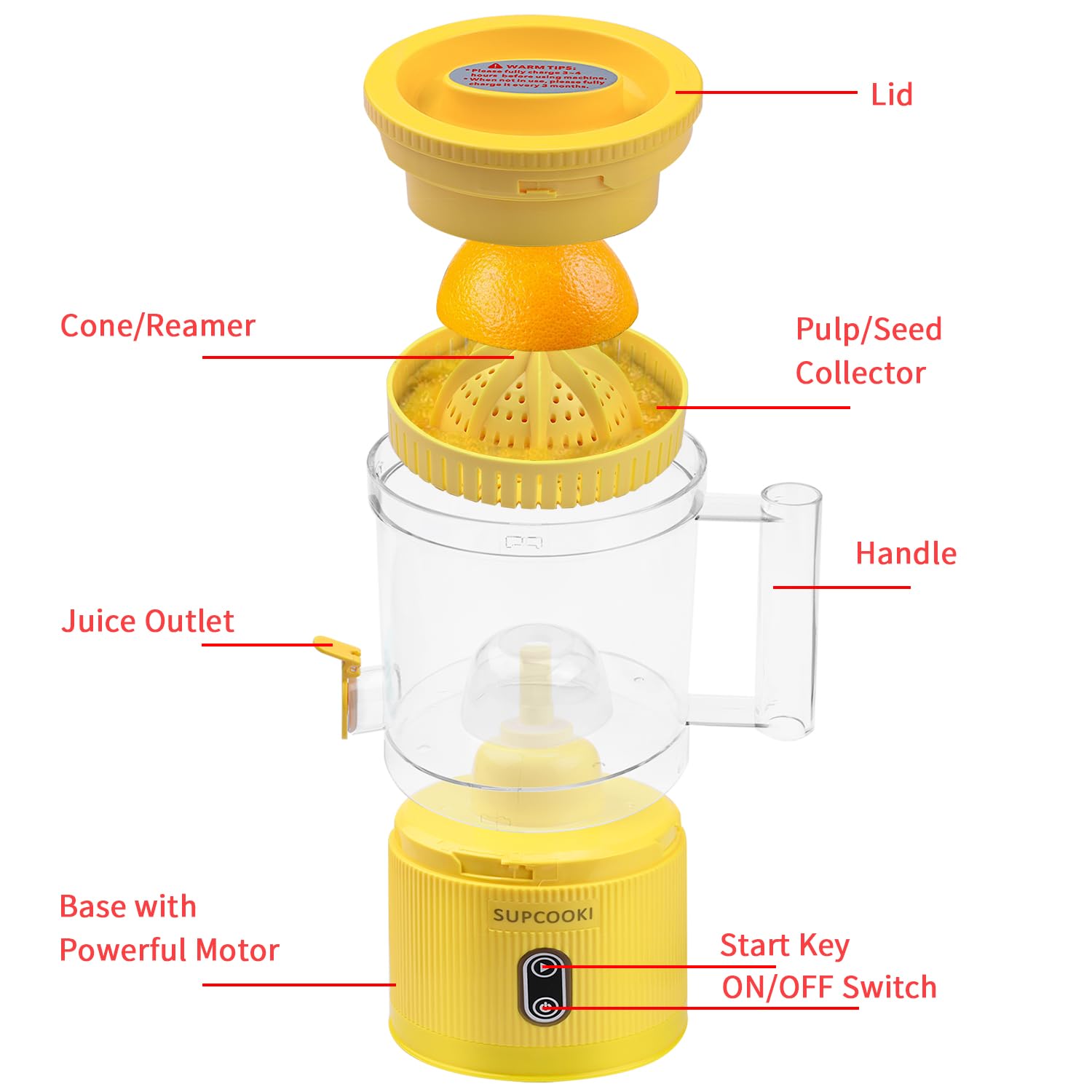 Electric Rechargeable Citrus Juicer - Automatic Orange Lemon Grapefruit Squeezer with USB Charging, Touch Button & Cleaning Brush | Portable Handheld Fruit Juicer for Kitchen, Camping, Travel | BPA-Free Easy to Clean Yellow Juicer for Fresh Juice at Home or On-The-Go