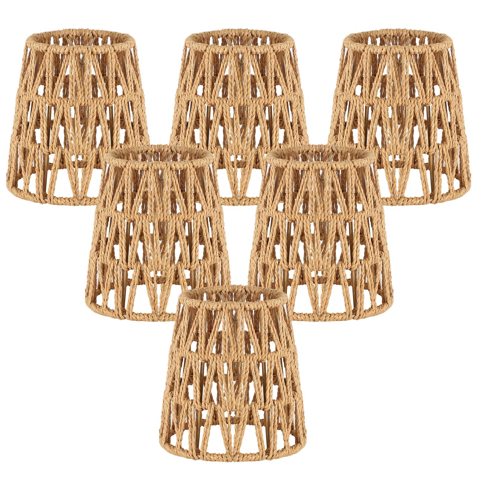 Small Lamp Shade Clip On Bulb - Set of 6 Boho Rattan Chandelier Shades, Wicker Barrel Lampshade Replacement for Vanity, Table, Floor, Wall Sconces & Pendant Lights - Perfect for Bedroom, Living Room & Office Decor