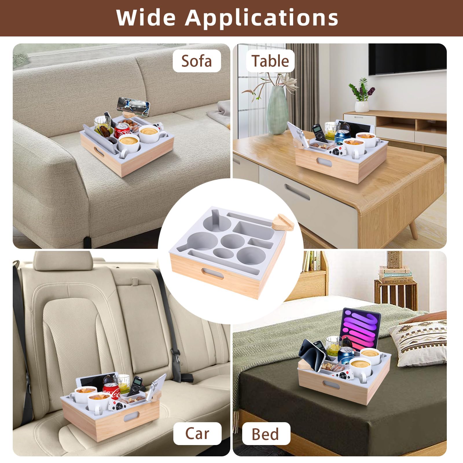 Soft Silicone Wooden Couch Cup Holder Tray with Handle - Anti-Spill Sofa Caddy for Snacks, Beverages & Remote Control - Perfect for Living Room, Bed, Car and Beach (Beige) - Home & Travel Organizer