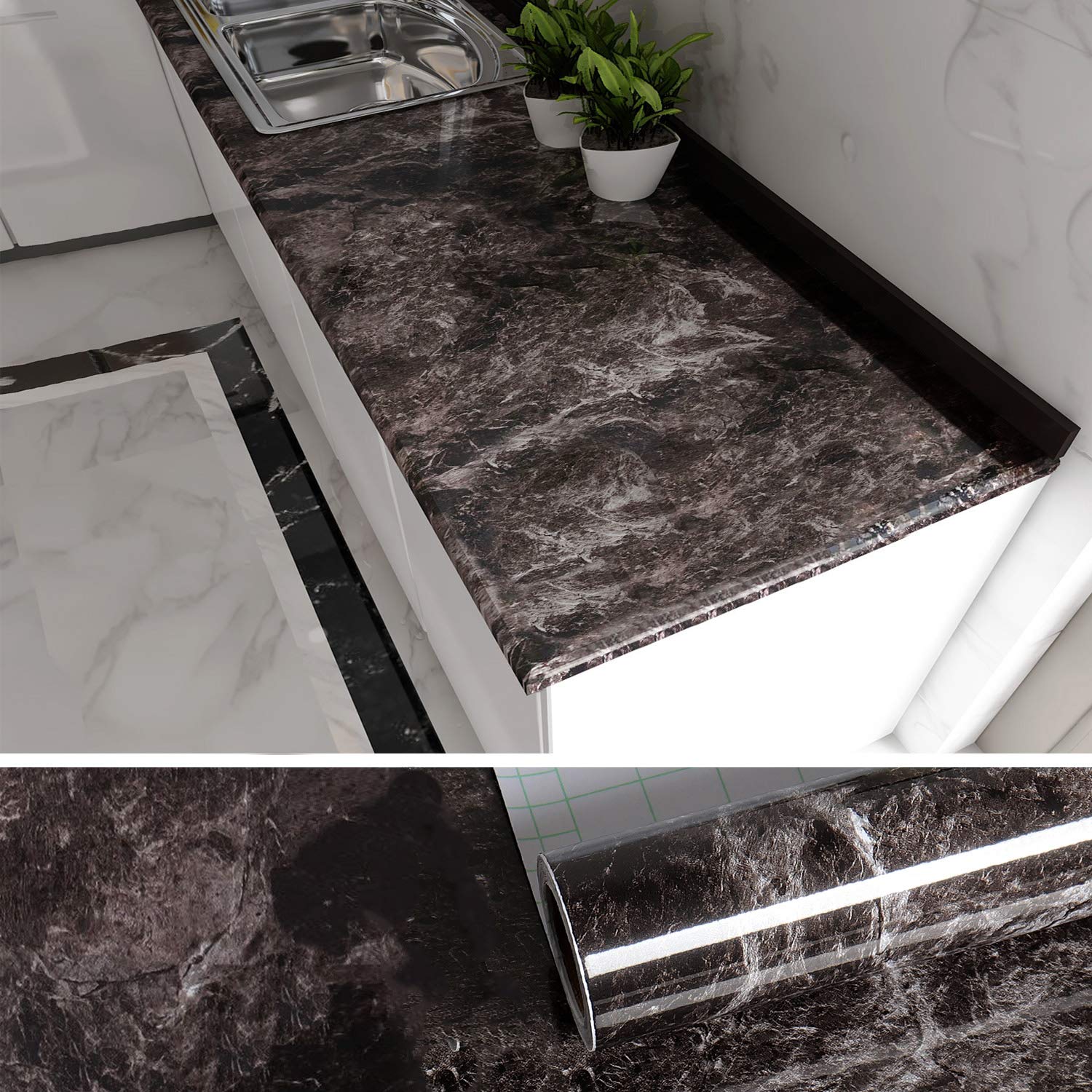 VEELIKE Black Marble Peel and Stick Contact Paper - Waterproof, Removable, Oil-Proof Adhesive Film for Countertops, Cabinets & Walls - 35.4