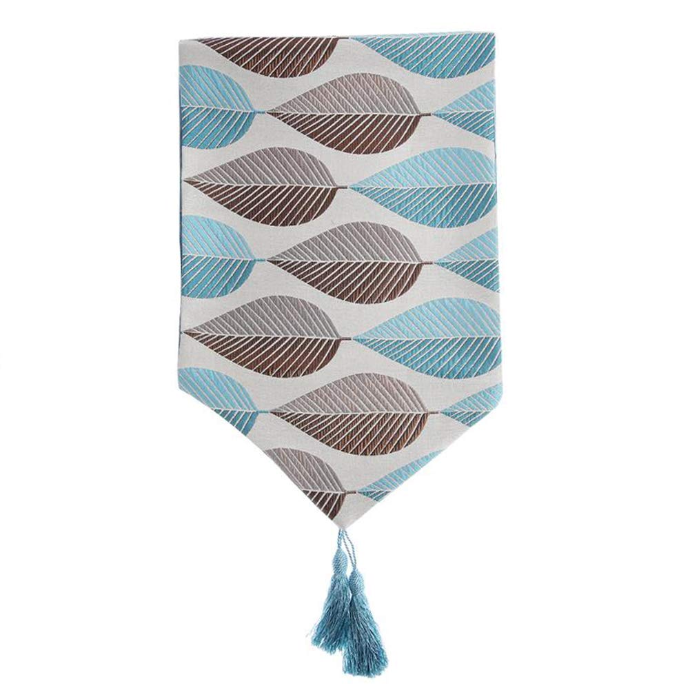 HOLY HOME Blue Linen Table Runner with Tassel Jacquard 3D Tree Leaf Design - 13x96 Inch Elegant Dining Table Decor for Thanksgiving, Christmas & Wedding Parties