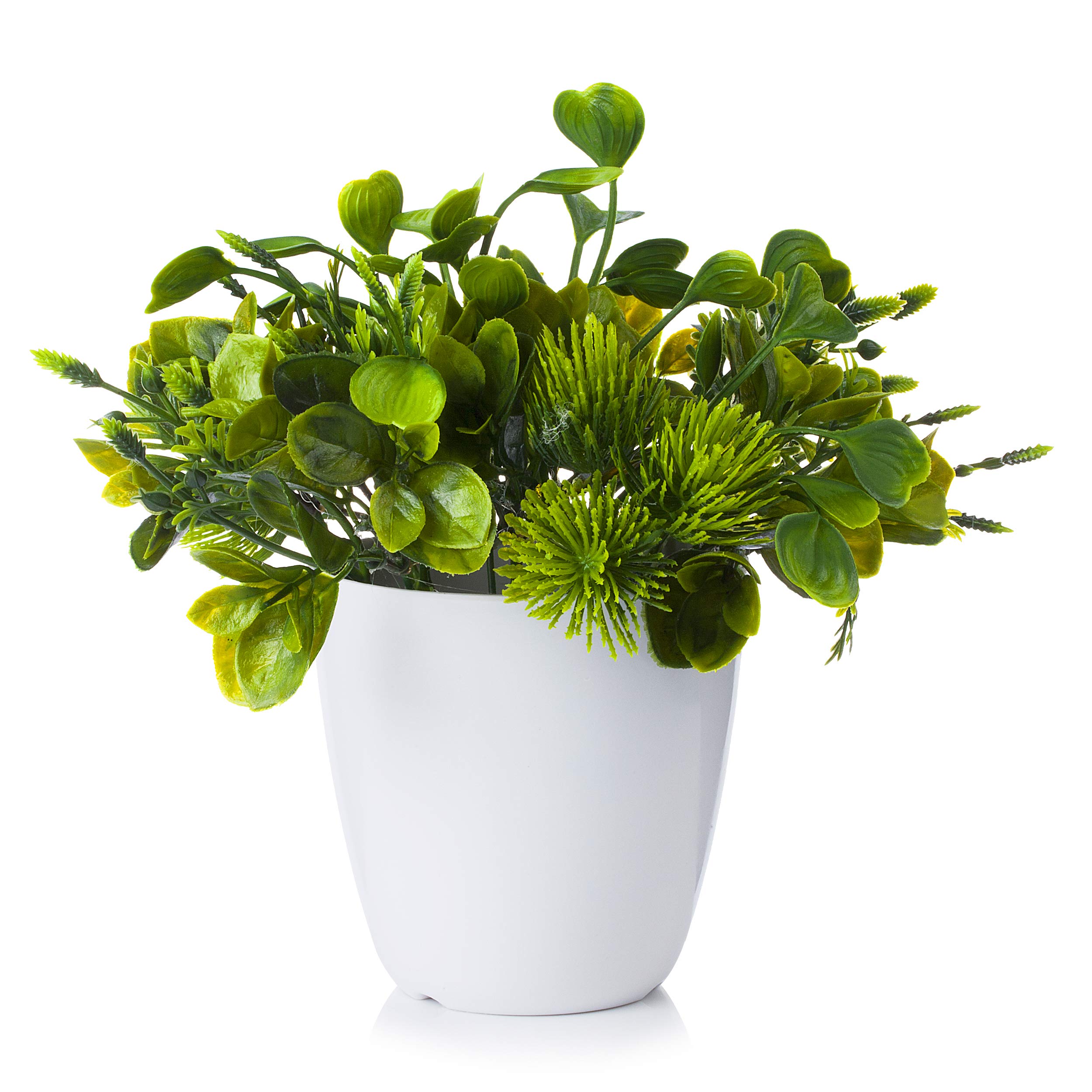 Enova Home 8 Inch Tall Artificial Greenery Plant in White Pot - Fake Faux Potted Plants for Home, Office, Living Room, Bedroom Decor - Perfect for Desk, Tabletop, Shelf & Window Display