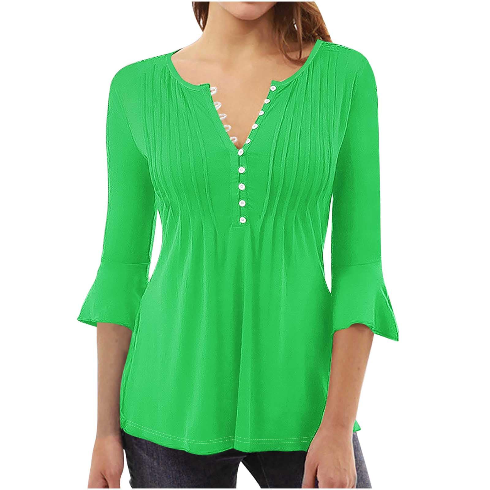 Women's 3/4 Bell Sleeve V-Neck Button-Down Tunic Tops - 2024 Trendy Summer Blouses for Casual & Dressy Outfits | Perfect for Office Wear, Date Nights & Weekend Brunch