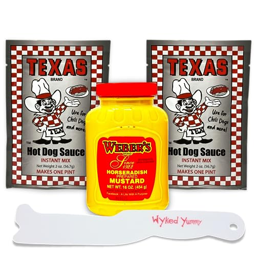 Spicy Horseradish Mustard & Hot Dog Chili Sauce Mix Bundle - Weber's Horseradish Mustard, Texas Brand Hot Dog Sauce Packets, Wyked Yummy Sandwich Spreader - Perfect for BBQ, Hot Dogs & Sandwiches