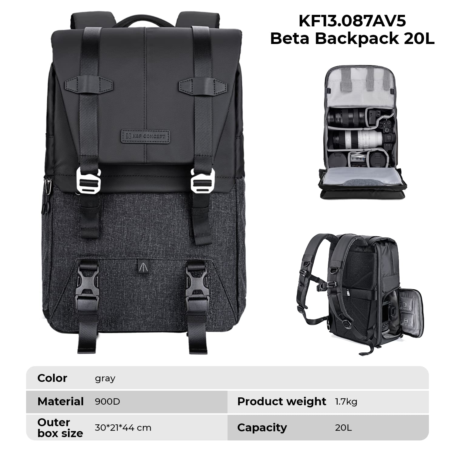 K&F Concept Professional Camera Backpack 20L - Waterproof DSLR/SLR/Mirrorless Camera Bag with Rain Cover, Large Capacity for Canon Nikon Sony Cameras & DJI Mavic Drone, Fits 15-15.6 Inch Laptop - Perfect for Travel, Hiking, and Outdoor Photography