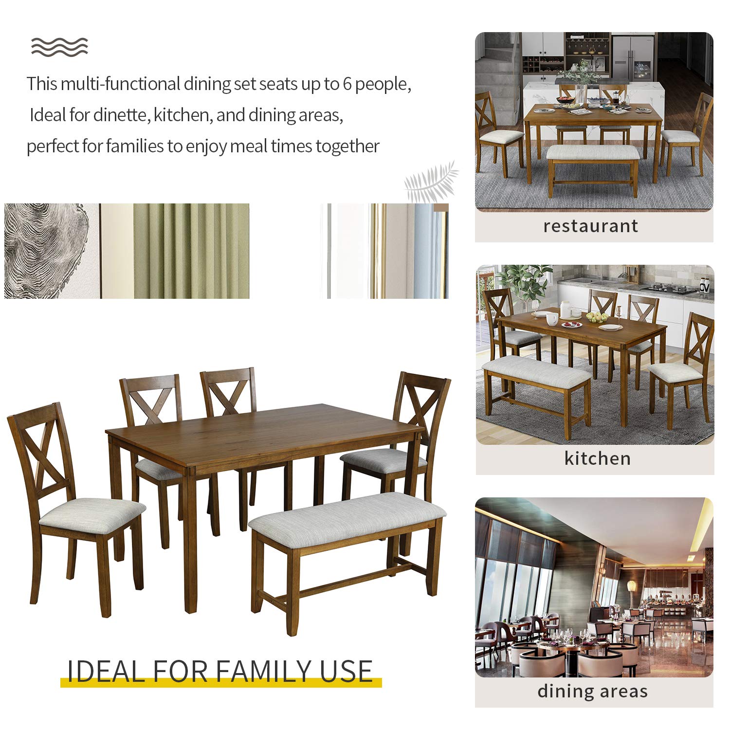 6-Piece Wooden Dining Table Set with Bench & 4 Chairs - Light Brown Kitchen Table for Family of 6 | Perfect for Dining Room, Kitchen, Breakfast Nook & Small Space Gatherings
