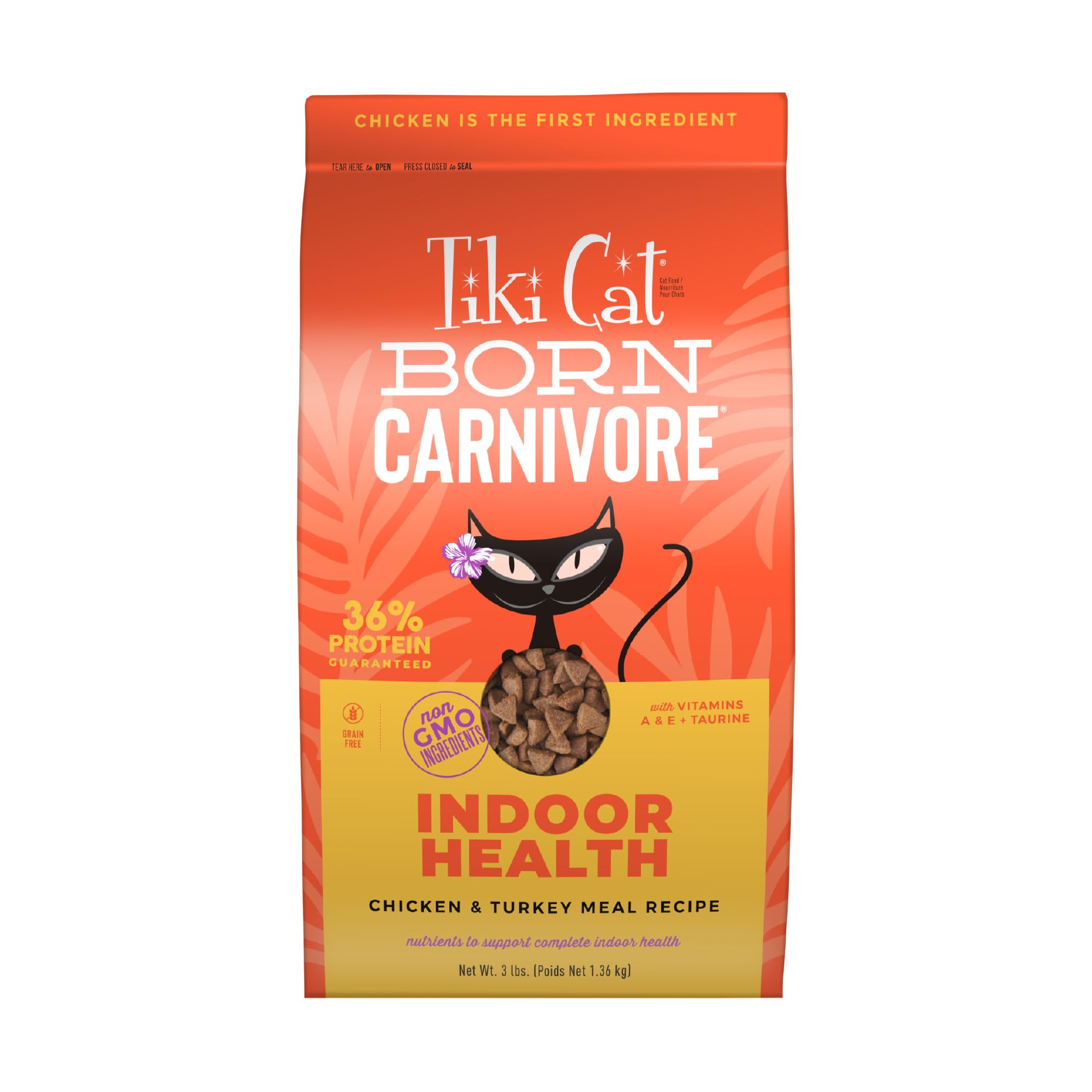 Tiki Cat Born Carnivore High Protein Dry Cat Food - Grain-Free Baked Kibble with Chicken & Turkey Meal Recipe for Indoor Cats - 3 lb Bag - Supports Healthy Digestion & Shiny Coat for Your Feline Friend