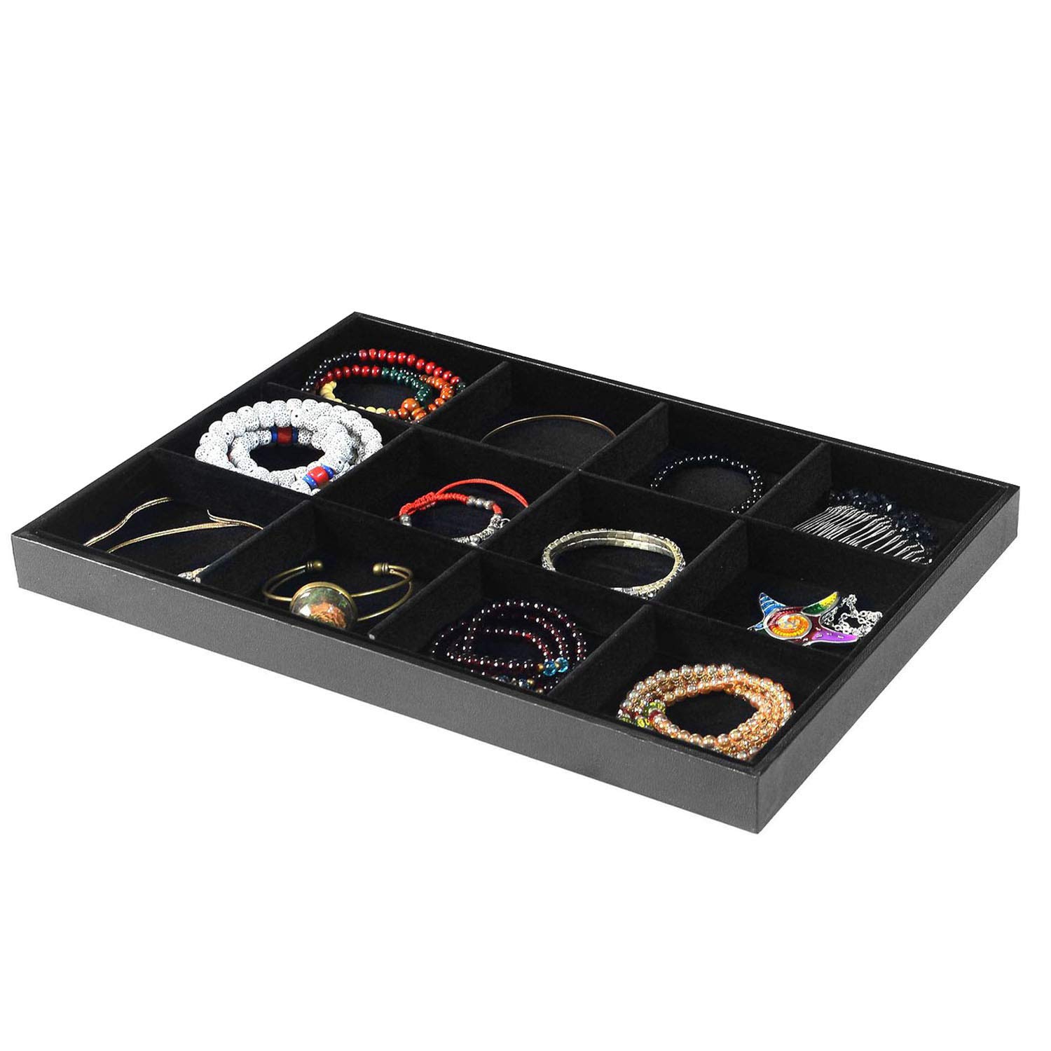 Black Velvet Stackable 12-Grid Jewelry Organizer Tray - Elegant Display Case for Gemstone Pendants, Diamond Rings & Necklaces - Modern Vanity Storage Box for Women - Perfect for Closet Organization, Dresser Decor & Jewelry Showcase