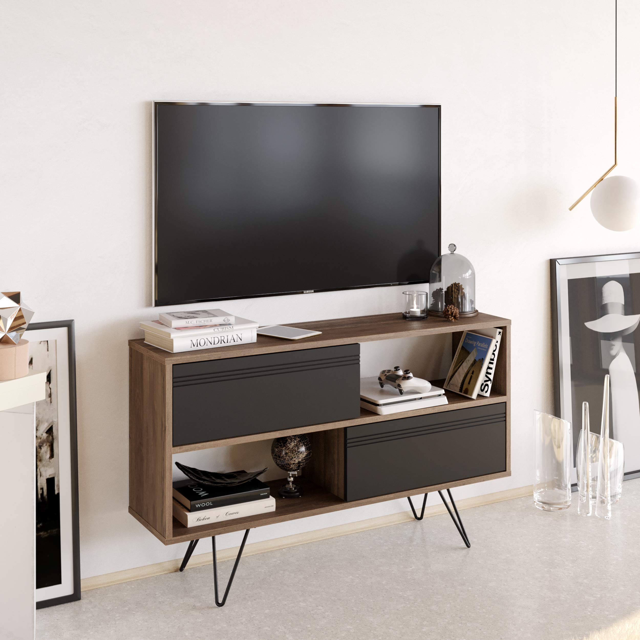 Decorotika Kerby TV Stand for up to 50 Inch TVs - Walnut & Anthracite Finish - Modern Entertainment Center for Living Room, Bedroom or Home Theater