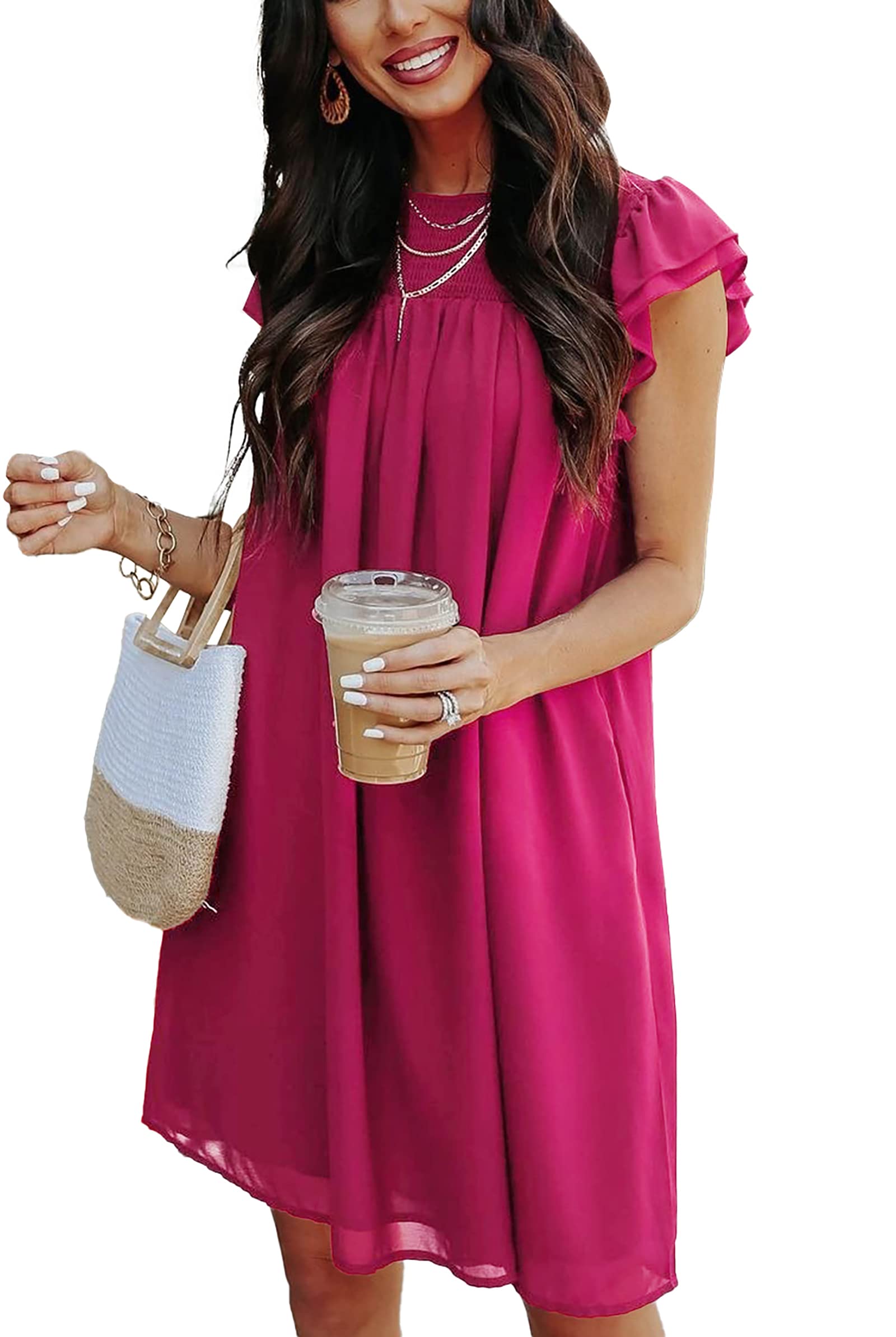 KIRUNDO Women's Short Ruffle Cap Sleeve Chiffon Babydoll Sundress - Flowy Mini Dress for Wedding Guest, Spring & Summer - Perfect for Beach Parties, Date Nights & Casual Outings