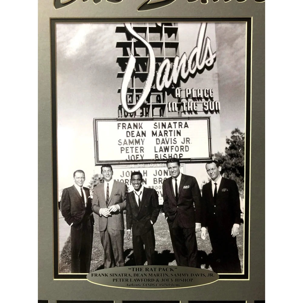 Rat Pack Vegas Collage with Authentic Sands Playing Cards - Framed Wall Art Photo | Perfect for Home Decor, Man Cave & Casino Themed Rooms