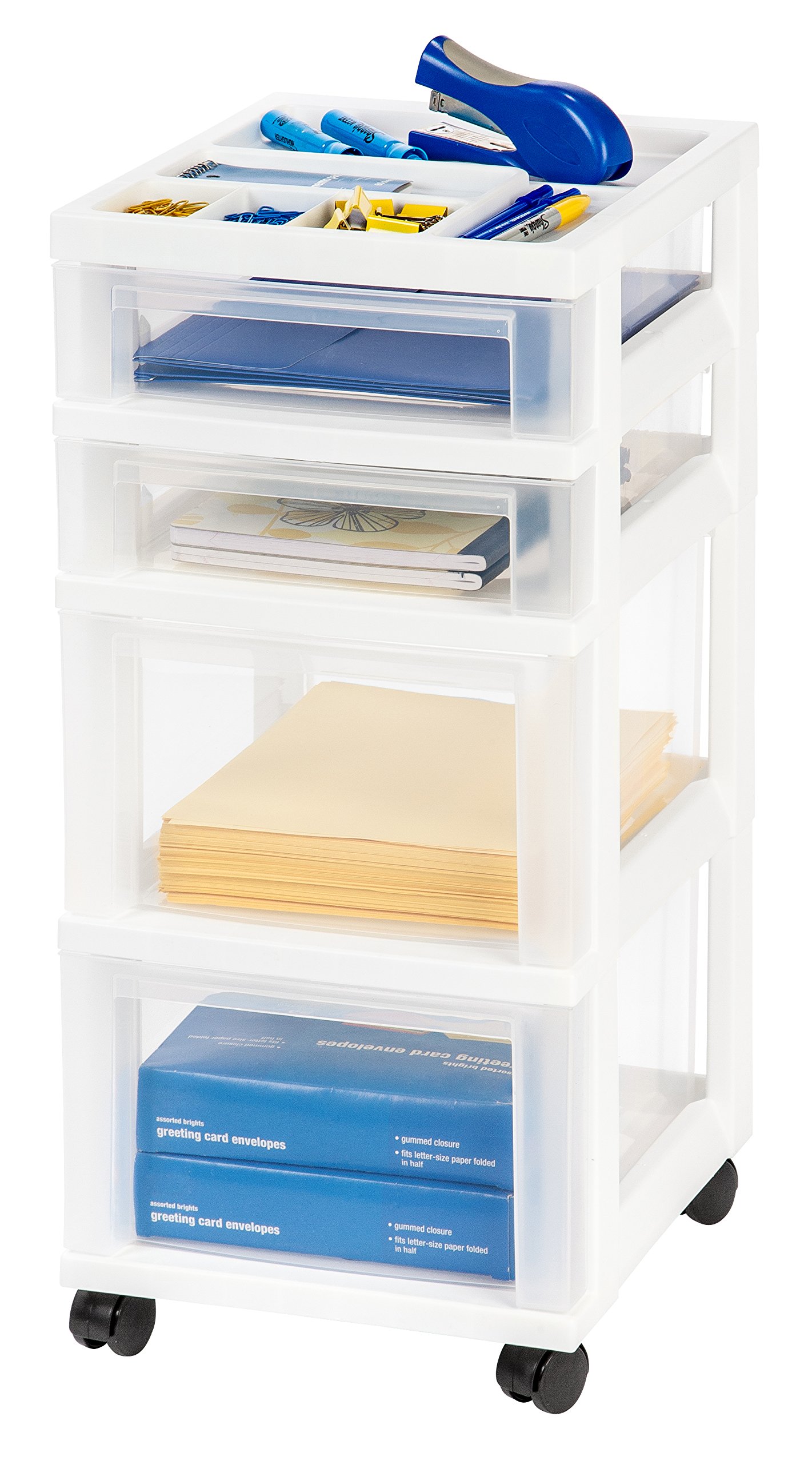 IRIS USA 4-Drawer Plastic Storage Organizer Rolling Cart with Wheels - White/Clear | Perfect for Classroom, Craft Supplies, Bathroom, Dorm & Laundry Room Organization