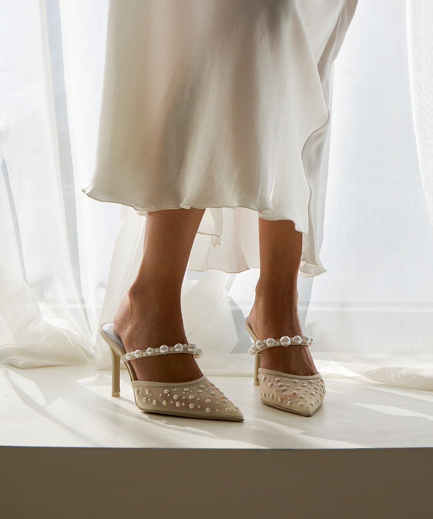 KATIK Pearl Heels Ivory Mesh - Elegant Women's High Heel Sandals for Weddings, Parties & Special Occasions | Comfortable & Stylish Evening Shoes