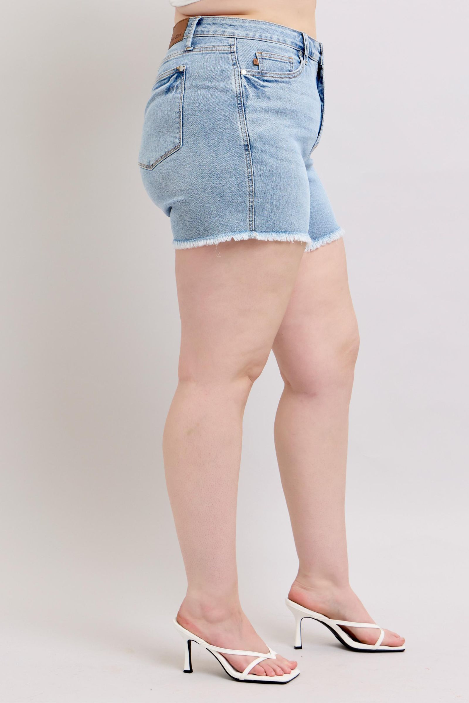 Judy Blue High Waisted Tummy Control Denim Shorts for Women - Plus Size Raw Hem Distressed Jeans Shorts | Perfect for Summer Outfits, Beach Vacations & Casual Wear