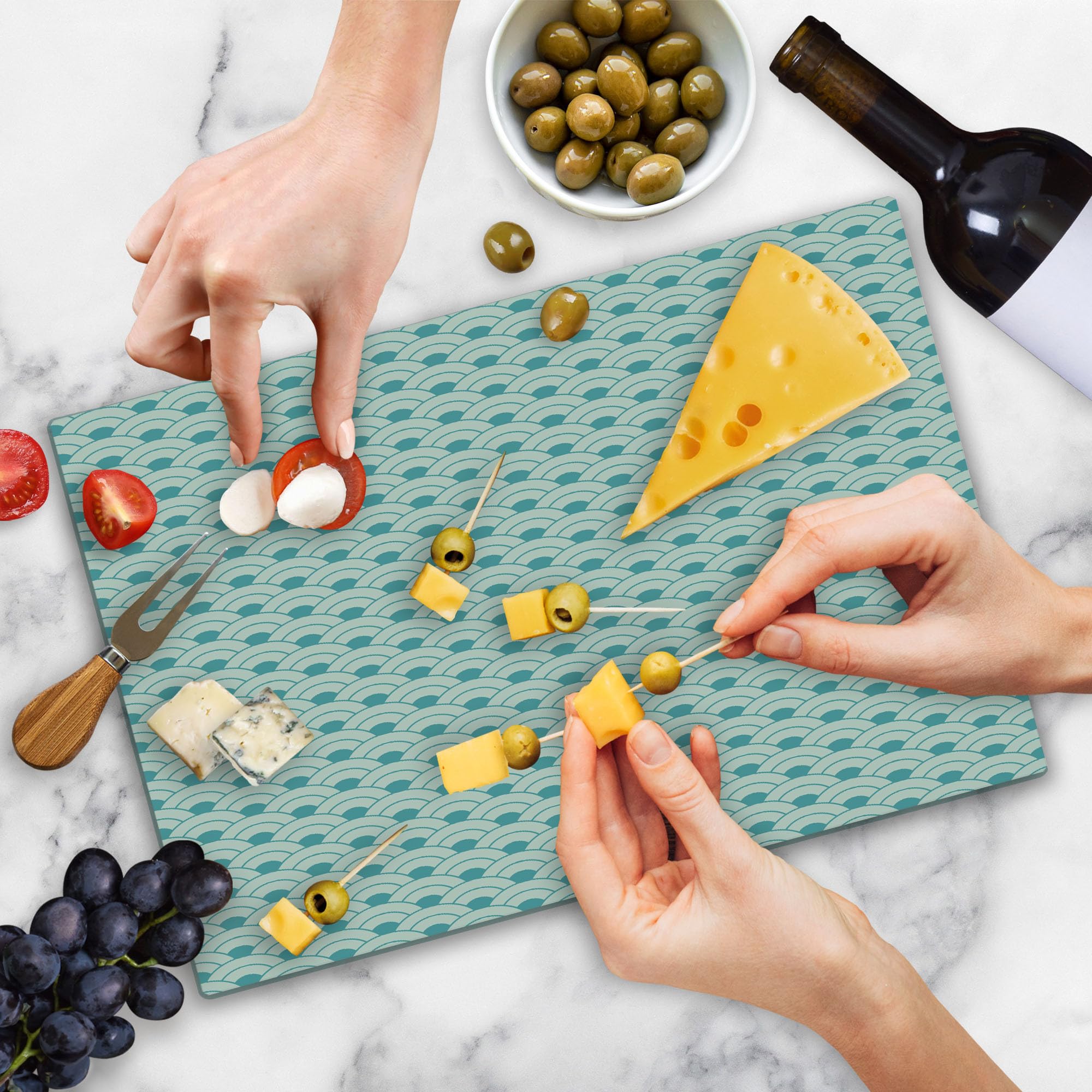 Ambesonne Ocean Themed Tempered Glass Cutting Board - Large Size Sky Blue & White with Bold Half Circles and Waves Design - Perfect for Serving, Charcuterie, and Kitchen Decor