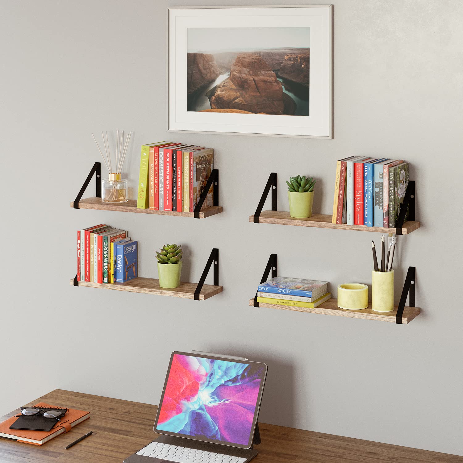 Wallniture Ponza Floating Shelves Set of 4 - Rustic Wood Wall Shelves with Metal Brackets for Bedroom, Bathroom, Living Room & Kitchen Decor | Perfect for Displaying Books, Plants & Home Decor Items