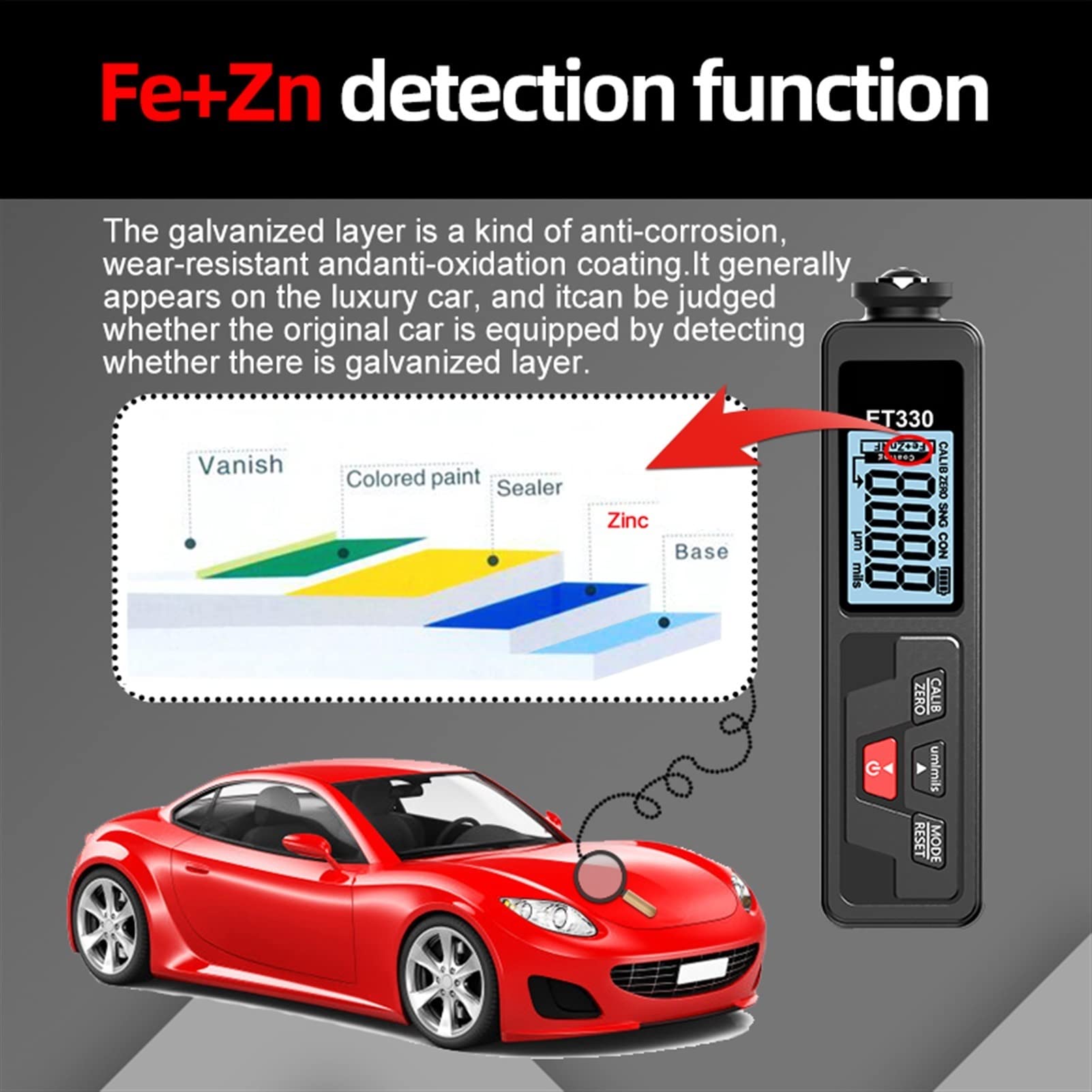 KIRANDY ET330+Zn Car Paint Thickness Gauge - 0-1500um Digital Coating Thickness Meter for Metal, Electroplate & Auto Body (Fe/NFe) - Black-Green - Perfect for Automotive Repair, Quality Control & Industrial Applications