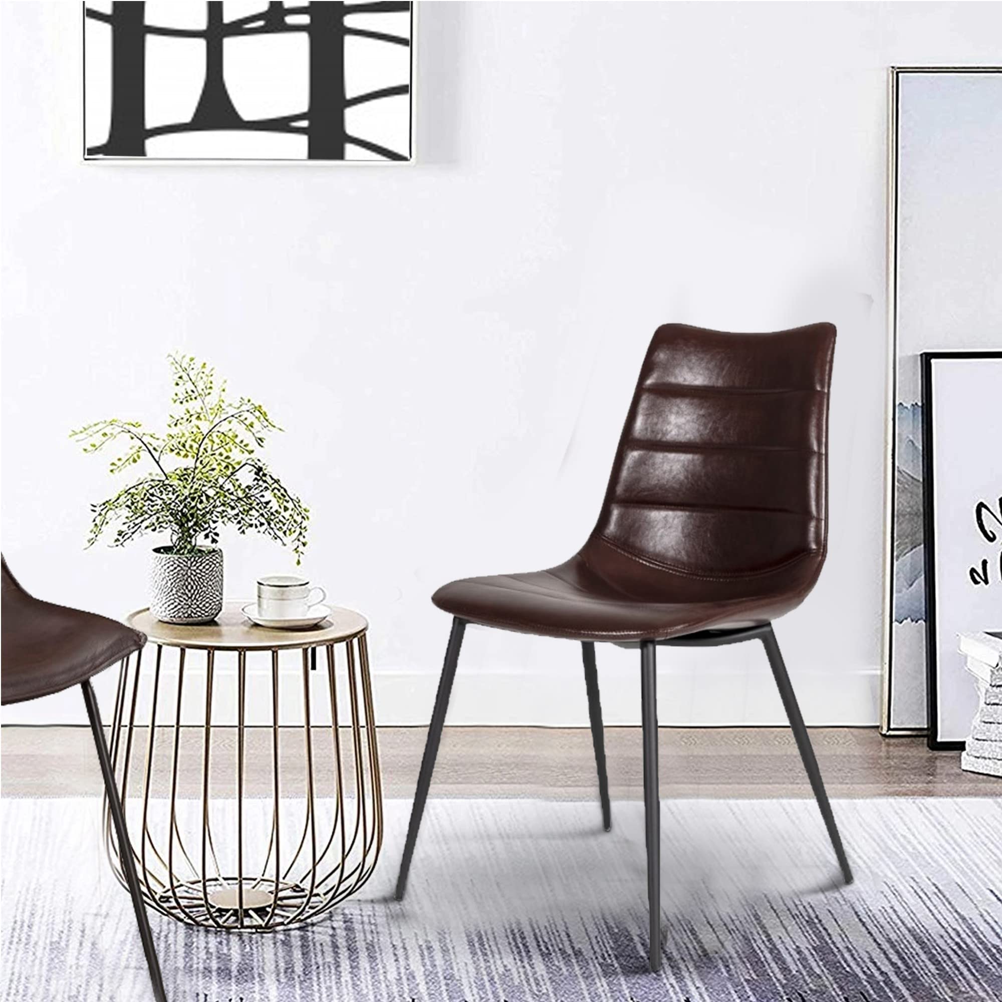 Benjara 2-Piece Brown Leatherette Dining Chairs with Horizontal Stitching - Modern PU Leather Kitchen Chairs for Dining Room, Restaurant & Office