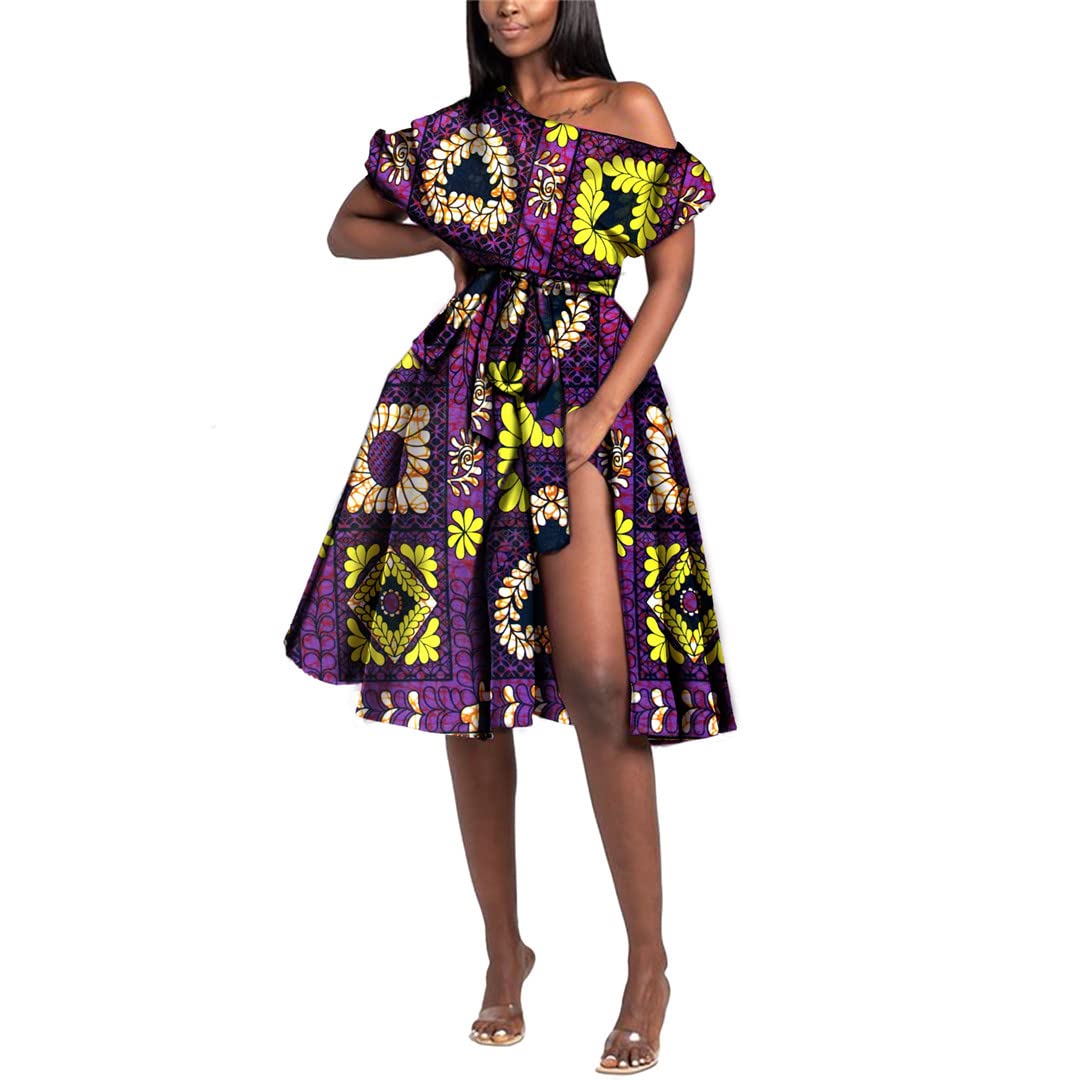 African Print Off Shoulder Party Dresses for Women - High Waist Plus Size Belted Maxi Dress with Floral Design (Style 713) | Perfect for Weddings, Beach Vacations & Special Occasions