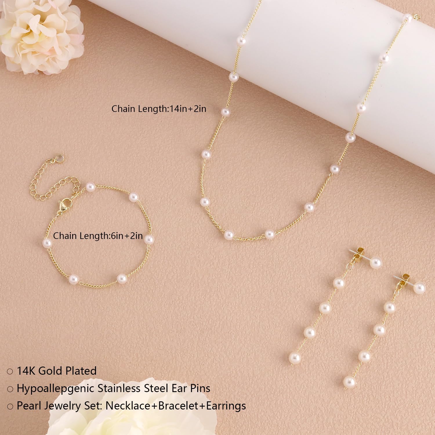 14K Gold Plated Pearl Necklace and Earring Set for Women - Elegant Wedding Jewelry Gift with Drop Earrings, Bracelet & Choker | Perfect for Bridal, Anniversary, Valentine's Day & Special Occasions