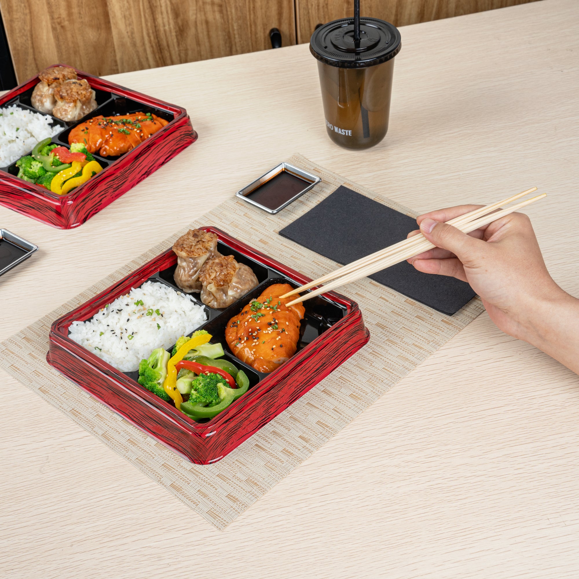 Bento Tek 18 oz Square Red and Black Plastic Bento Box with 4 Compartments | 8.5
