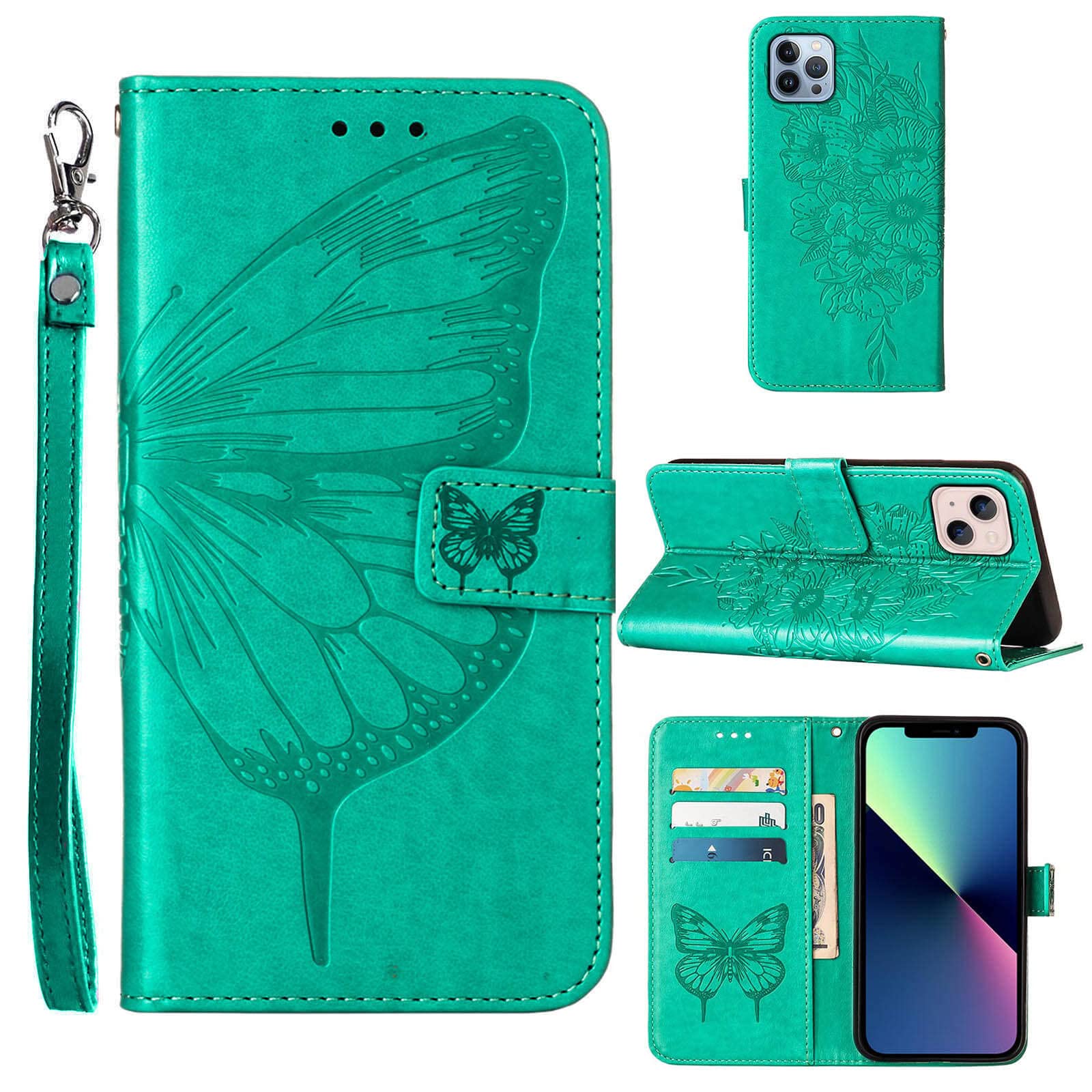 Butterfly Floral Embossed Leather Wallet Phone Case for iPhone 13/14 with Wrist Strap, Card Holder Slots & Stand - Protective Flip Cover (Green) | Perfect for Everyday Use, Travel & Hands-Free Viewing