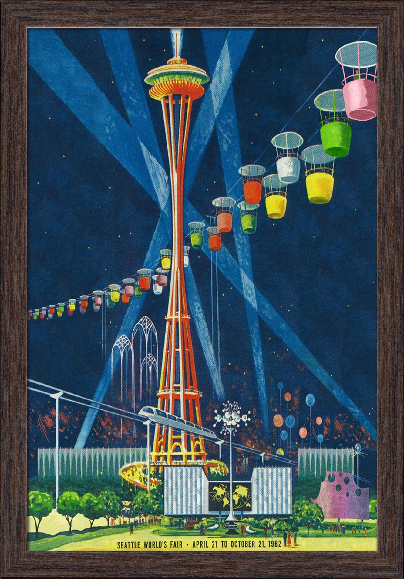 Vintage Seattle Space Needle World's Fair Travel Poster - 16x24 Giclee Fine Art Print in Recycled Wood Frame (Espresso Brown) - Perfect for Home Office Decor & Pacific Northwest Wall Art