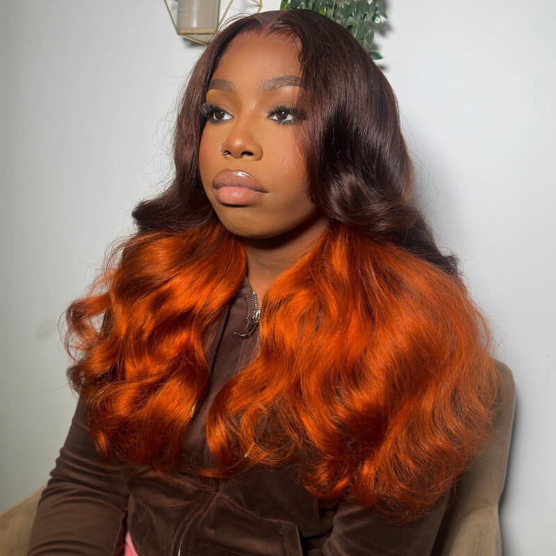 Eullair Ombre Brown Ginger Orange Body Wave Human Hair Wig with Transparent Lace Frontal - Natural Looking Wigs for Women | Perfect for Daily Wear, Cosplay & Special Occasions