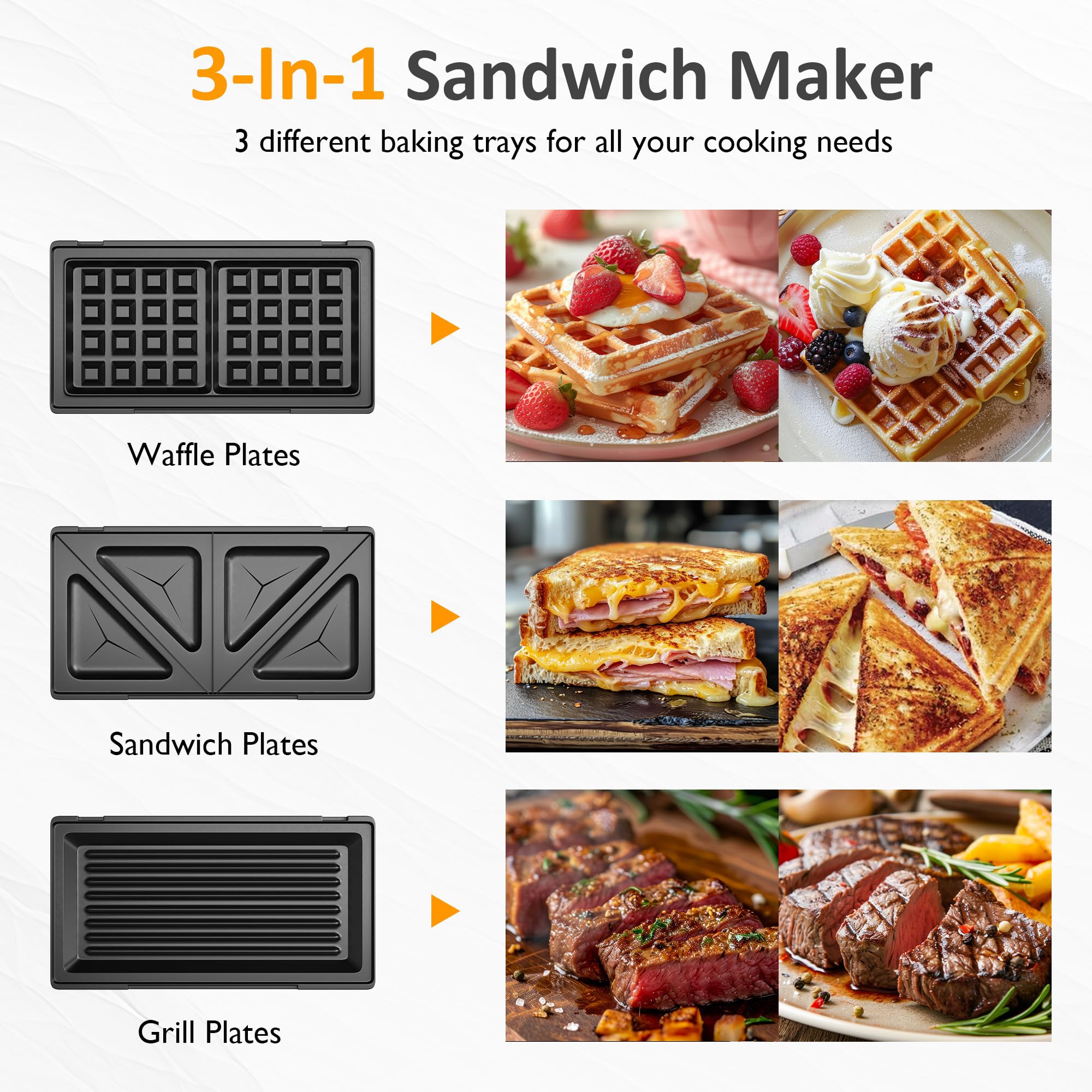 Sunvivi Pro 3-in-1 Electric Waffle Maker & Sandwich Press with Removable Non-Stick Plates, Panini Grill with Glass Top, Cool-Touch Handle - 850W for Breakfast, Brunch & Quick Meals - Easy to Clean Kitchen Appliance