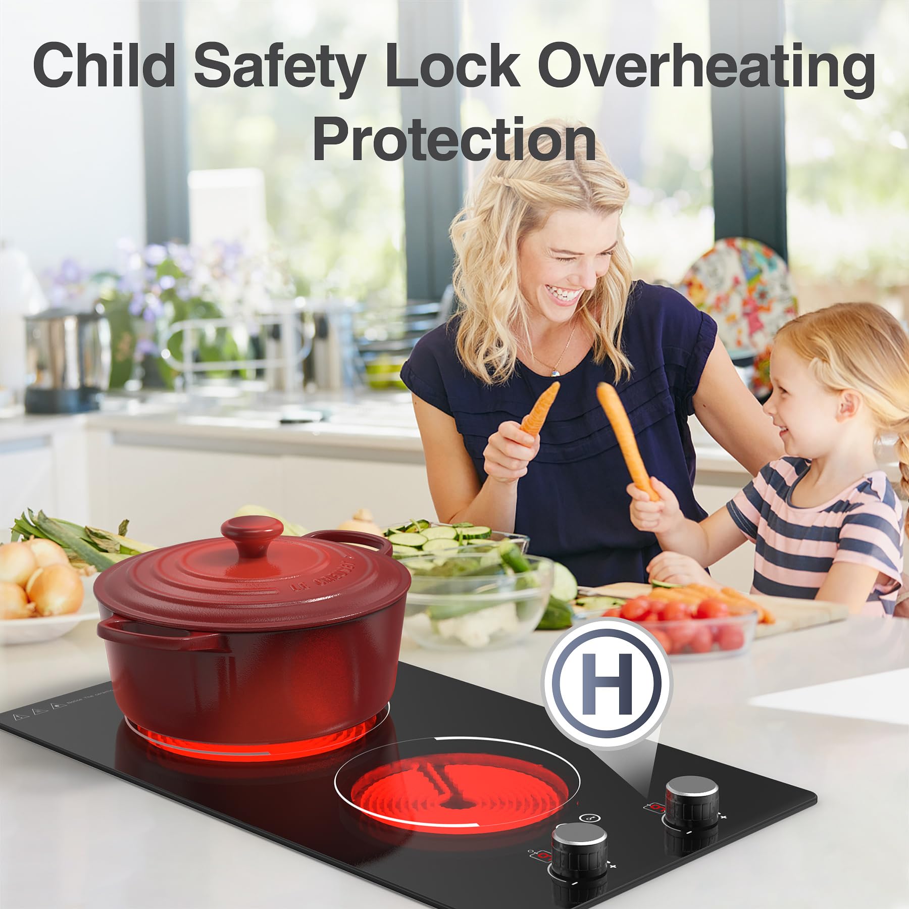 110V 2100W Electric Induction Cooktop with Knob Control - 10 Power Levels, Child Safety Lock, Timer & Overheat Protection - Built-in Radiant Double Burner for Fast Cooking - Perfect for Apartments, Dorms & Small Kitchens