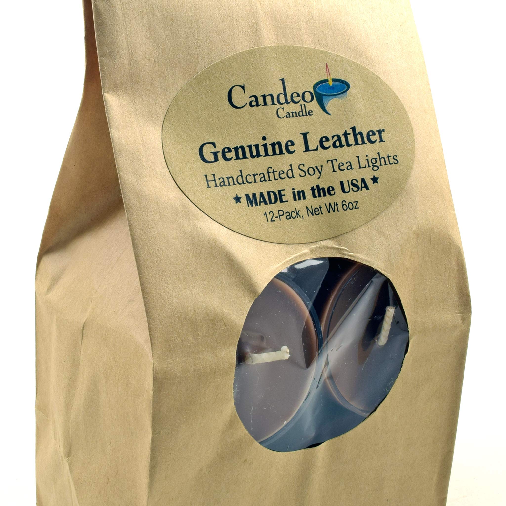 Soy Tealight Candles 12 Pack - Genuine Leather Scent, Handmade in USA for Home Decor & Gifts