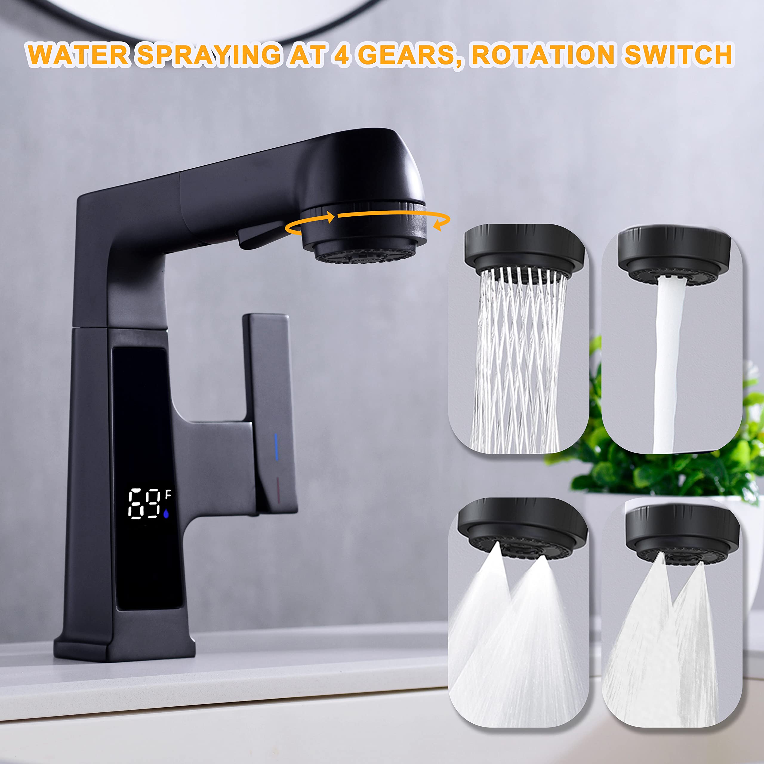 Digital Display Matte Black LED Bathroom Faucet with Pull-Out Sprayer - 5 Flow Modes for Modern Sinks