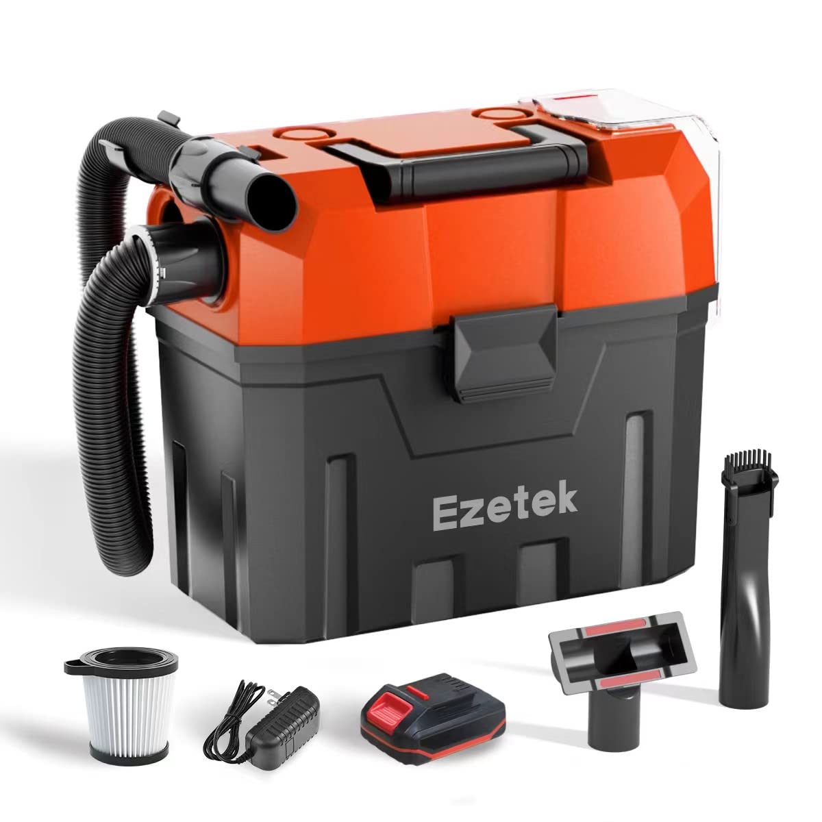 Ezetek 20V Cordless Wet Dry Vacuum Cleaner - 2 Gallon Portable Shop Vac with Attachments, Battery Powered for Home, Garage, Car & Commercial Use - Ideal for Cleaning Spills, Dust, Debris and Wet Messes
