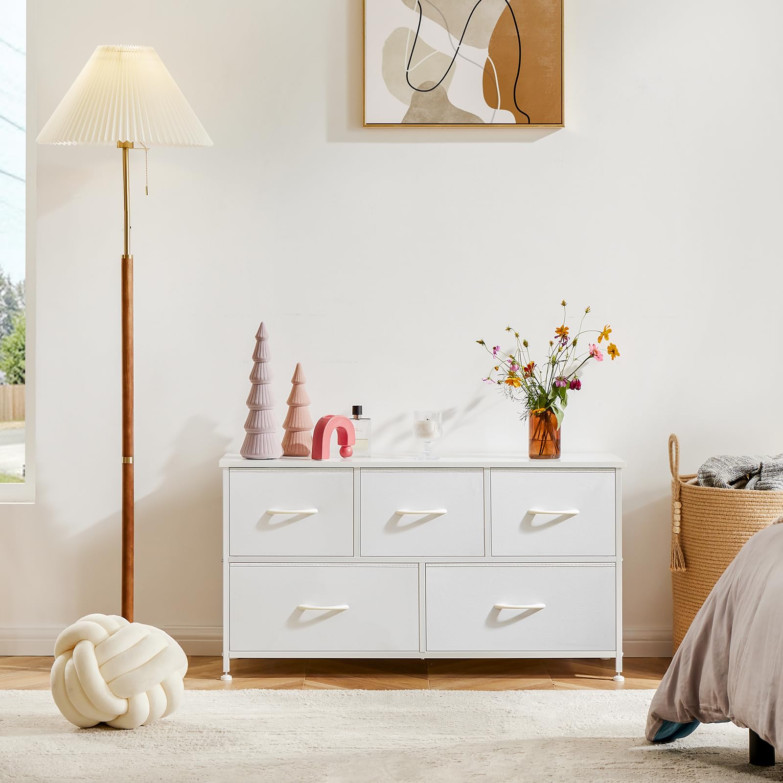 DUMOS 5-Drawer Dresser for Bedroom - Wooden Top Storage Organizer with Fabric Bins & Metal Frame - Nursery, Living Room, Kids Room, Closet Furniture - Perfect for Home Organization & TV Stand (Brown)