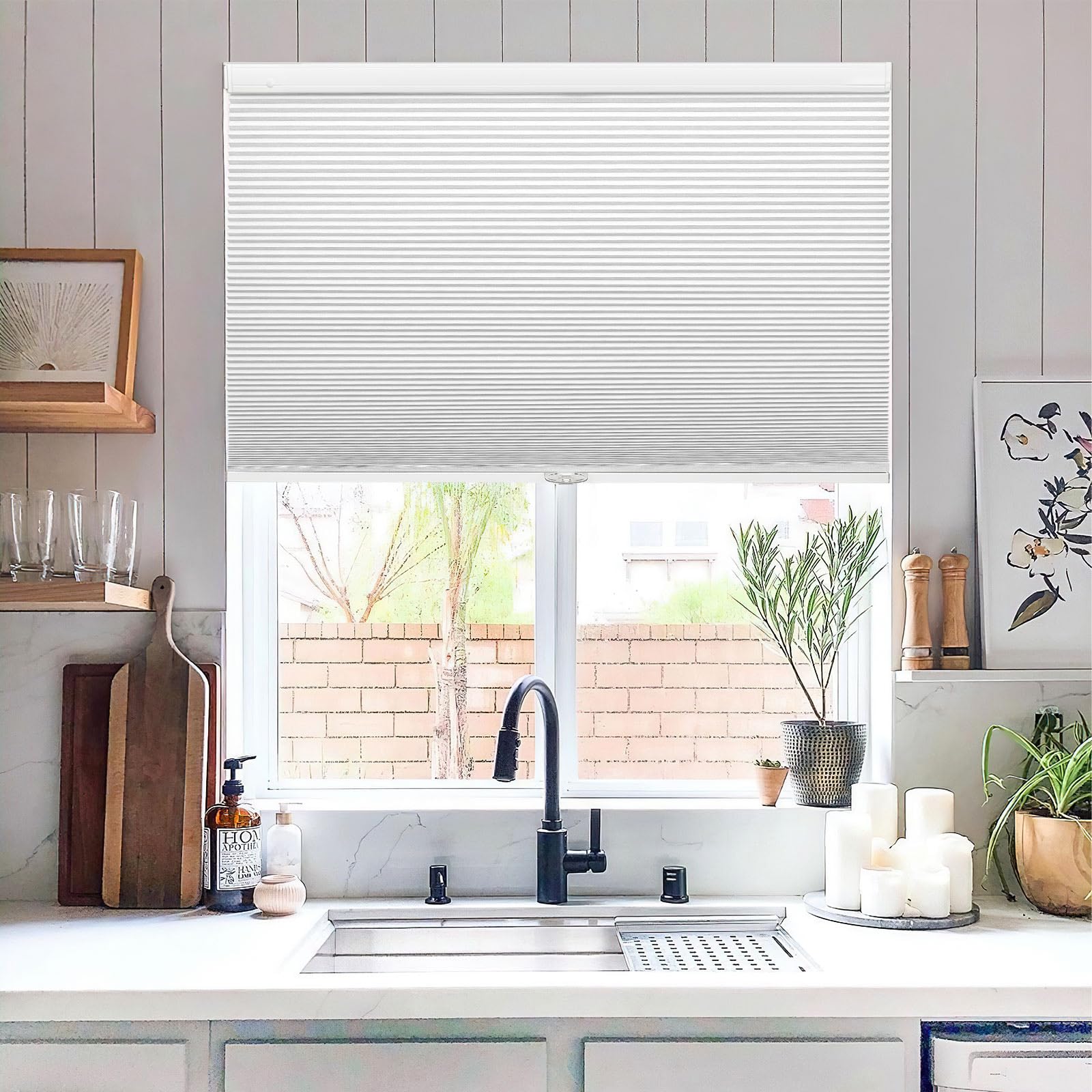 MiLin Cordless Cellular Shades - No Tools No Drill Window Blinds for Indoor Use, Magnetic Door Blinds (Blackout, White, 57.5