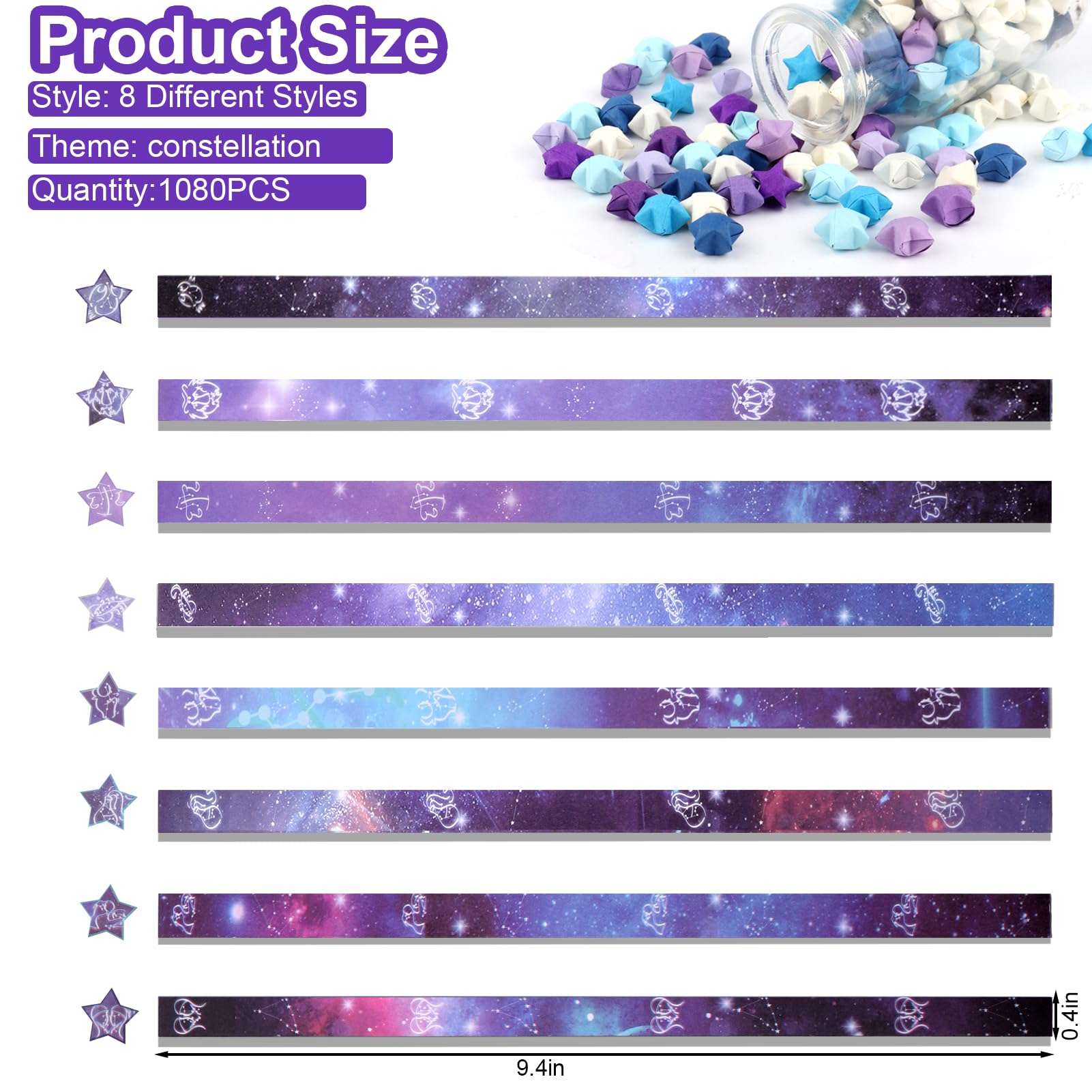 1080PCS Mity Rain Origami Star Paper Strips - 8 Styles Constellation Printed DIY Lucky Star Strips for Stress Relief, Hands-on Crafts, Home Decor & Party Supplies | Perfect for DIY Gifts, Scrapbooking & Relaxation Activities