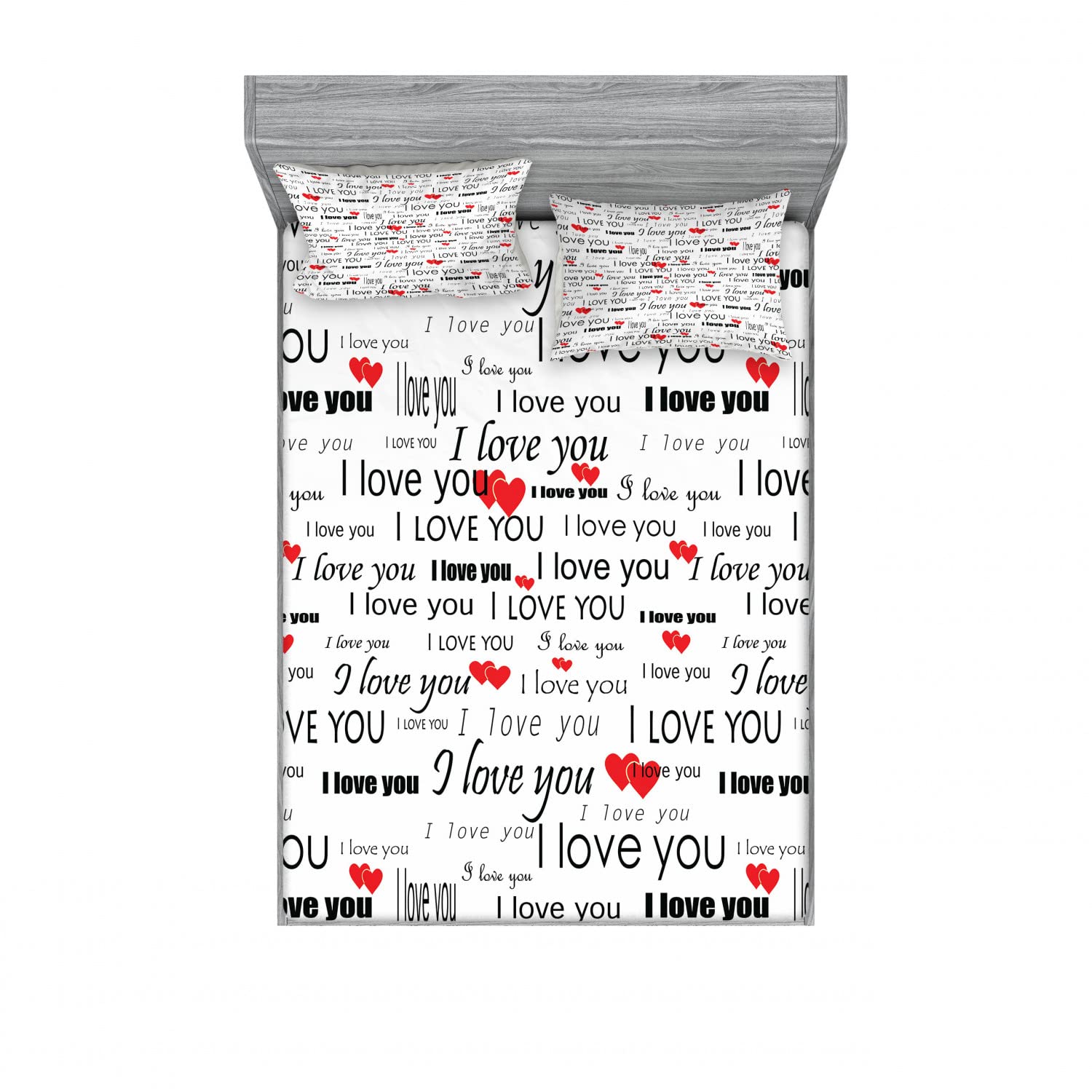 Ambesonne Romantic 2-Piece King Size Bed Sheet Set with 4 Pillow Shams - Vermilion Black White Floral Love Theme Bedding for Couples | Perfect for Valentine's Day, Anniversary Gifts & Master Bedroom Decor