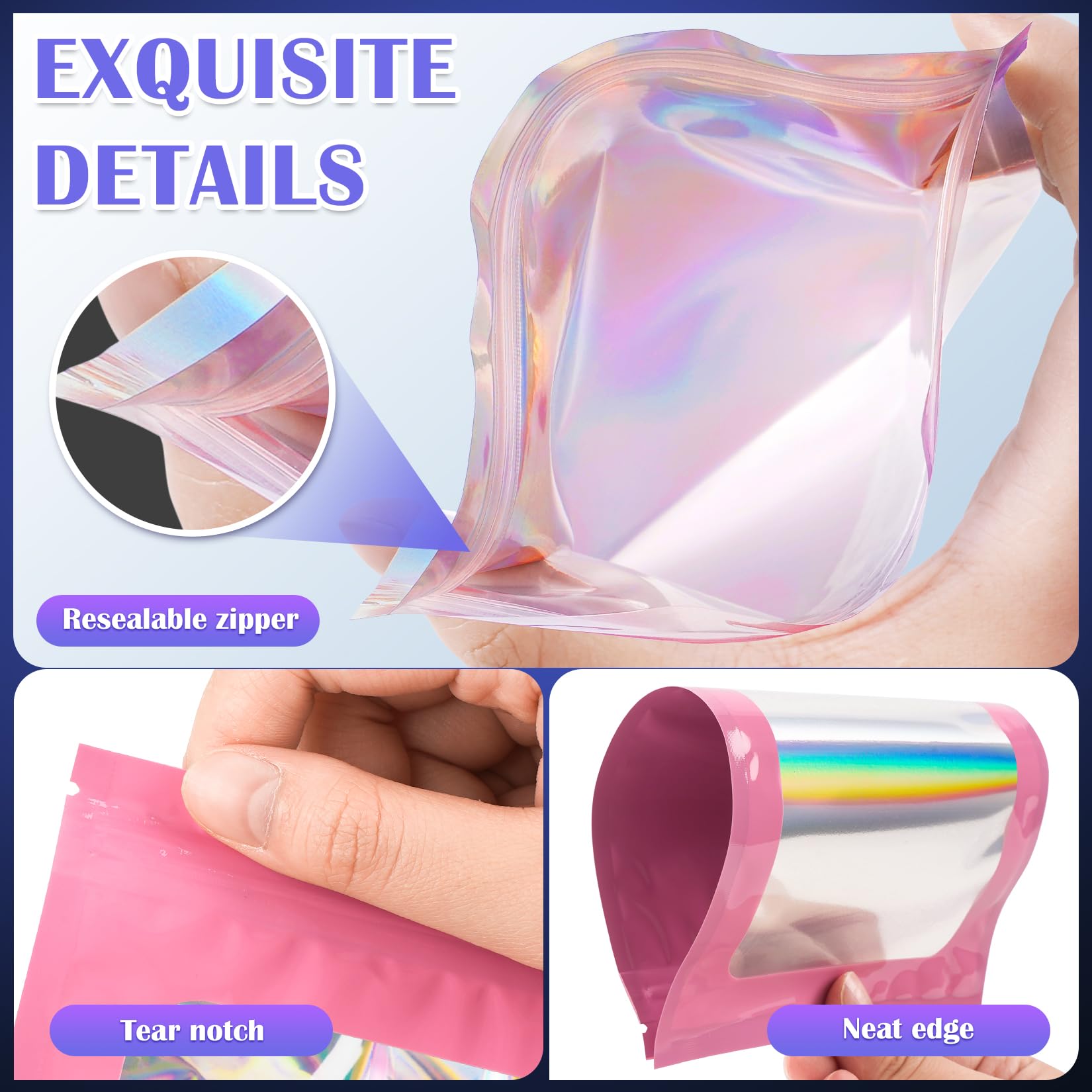 100 PCS Pink Holographic Mylar Bags - Smell Proof & Resealable Food Storage Bags (2.8x3.9in) - Airtight Packaging for Jewelry, Bracelets, Snacks & Small Business Use - Perfect for Organizing, Gifting & Retail Display