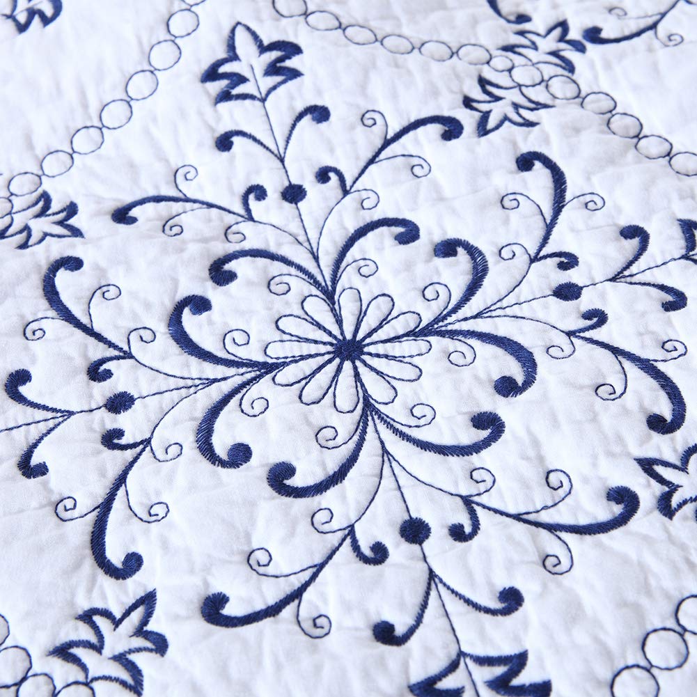 VCTOPS 3-Piece Queen Size Embroidered Floral Quilt Set - 100% Cotton Reversible Bedspread with 2 Pillow Shams, Soft Lightweight Coverlet (Blue, 88