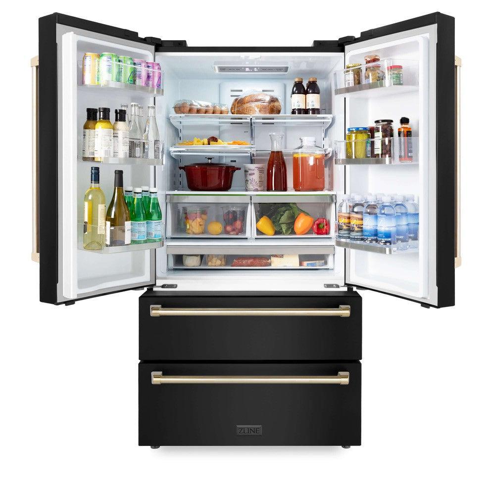 ZLINE Autograph Edition 36-Inch Counter Depth French Door Refrigerator - 22.5 cu. ft. Capacity, Fingerprint Resistant Black Stainless Steel, Polished Gold Handles with Built-In Ice Maker | Perfect for Modern Kitchens, Entertaining & Large Family Storage (RFMZ 36 BS G)
