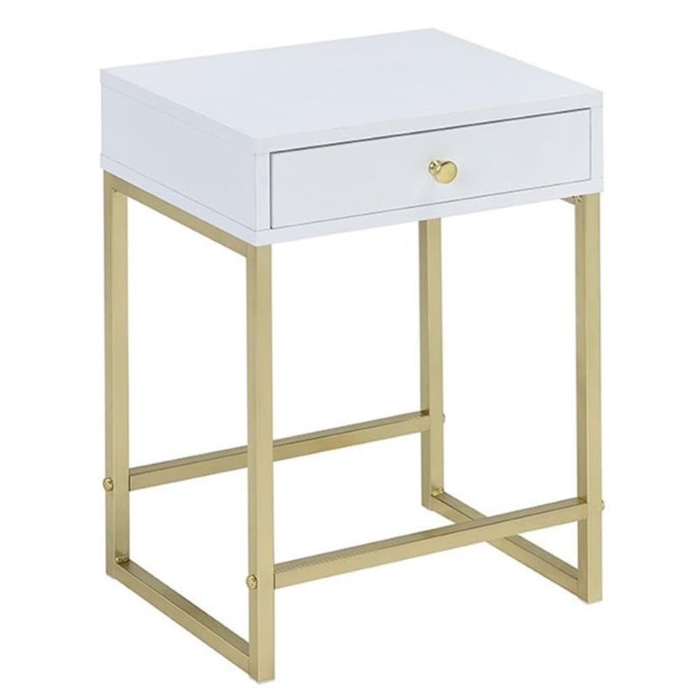 Acme Coleen 1-Drawer Metal Tube End Table in White and Brass - Modern Nightstand for Bedroom, Living Room & Office